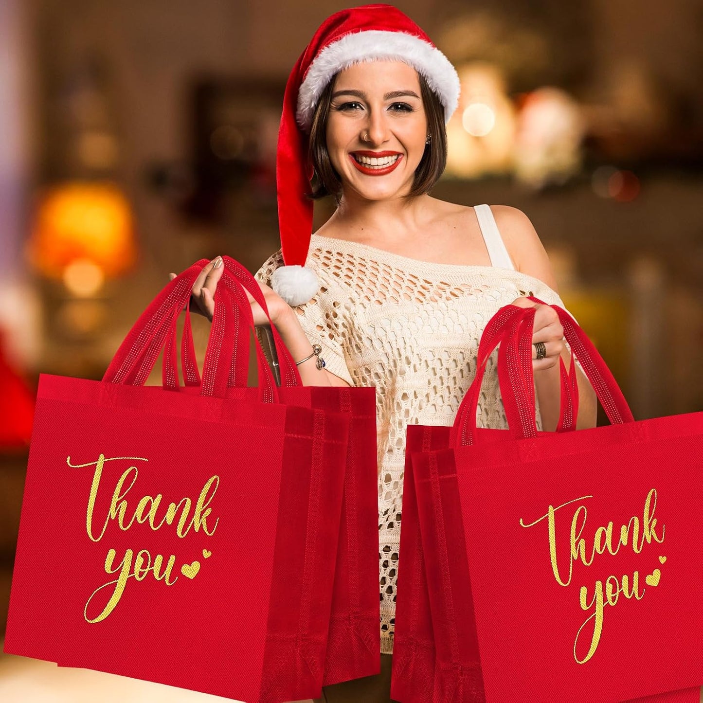 Sweetude 30 Pcs Thank You Gift Bags with Handles Bulk Reusable Goodie Bag Non Woven Foldable Handbag for Graduation Wedding Bridesmaid Gifts(11 x 12 x 5 Inch,Red)