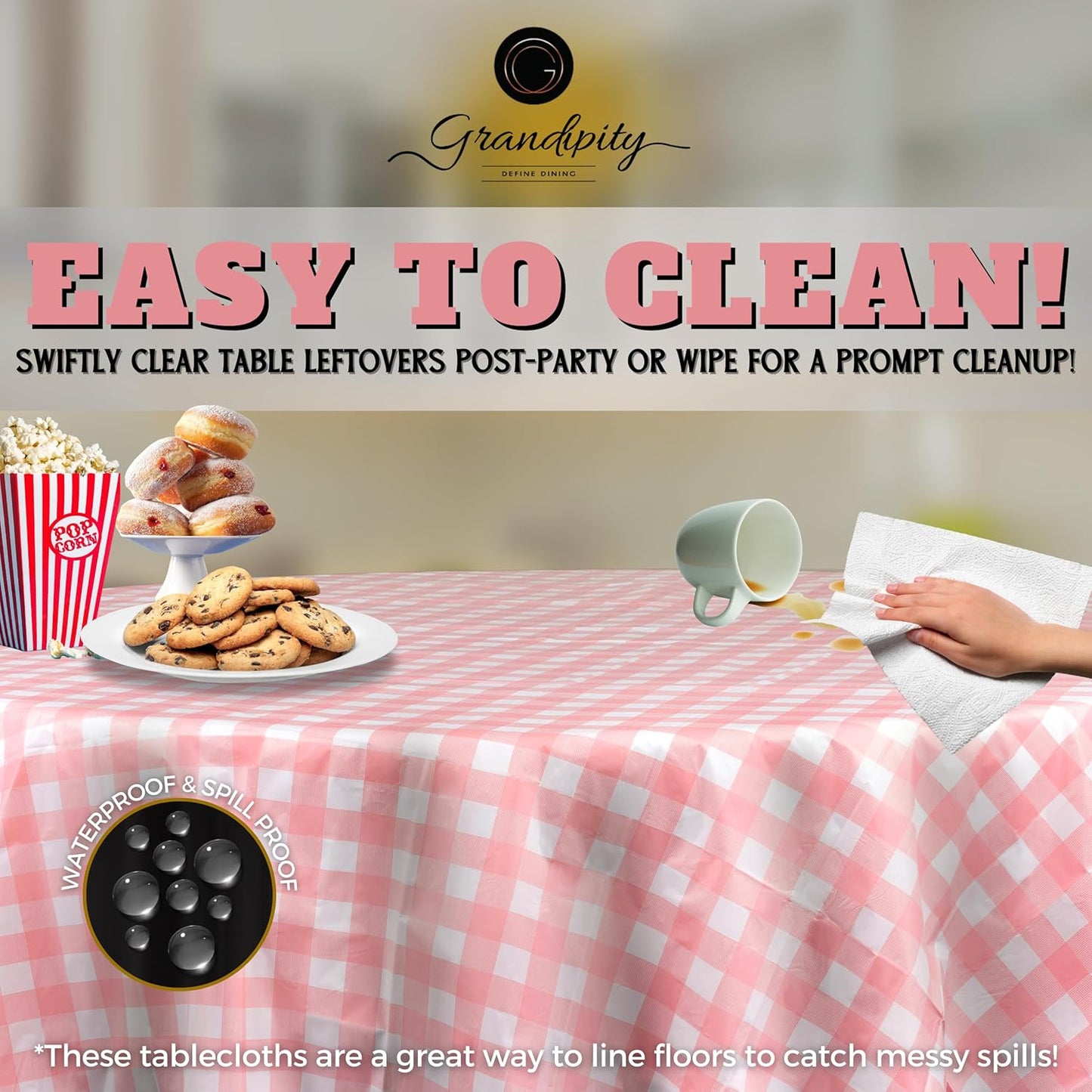 Grandipity 12 Pack Premium Disposable Plastic Tablecloth 84" Inch Decorative Round Table Cover - Pink Checkered Gingham