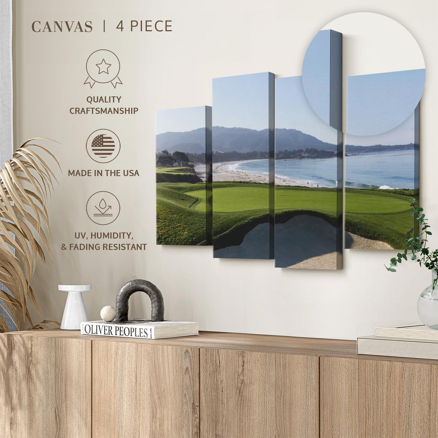 Elephant Stock Monterey CA Golf Course Wall Art - Horizontal Canvas - 4-Piece Living Room Wall Decor - Photography Sports Canvas Print - Blue and Green Decor for Wall - 52" X 32"