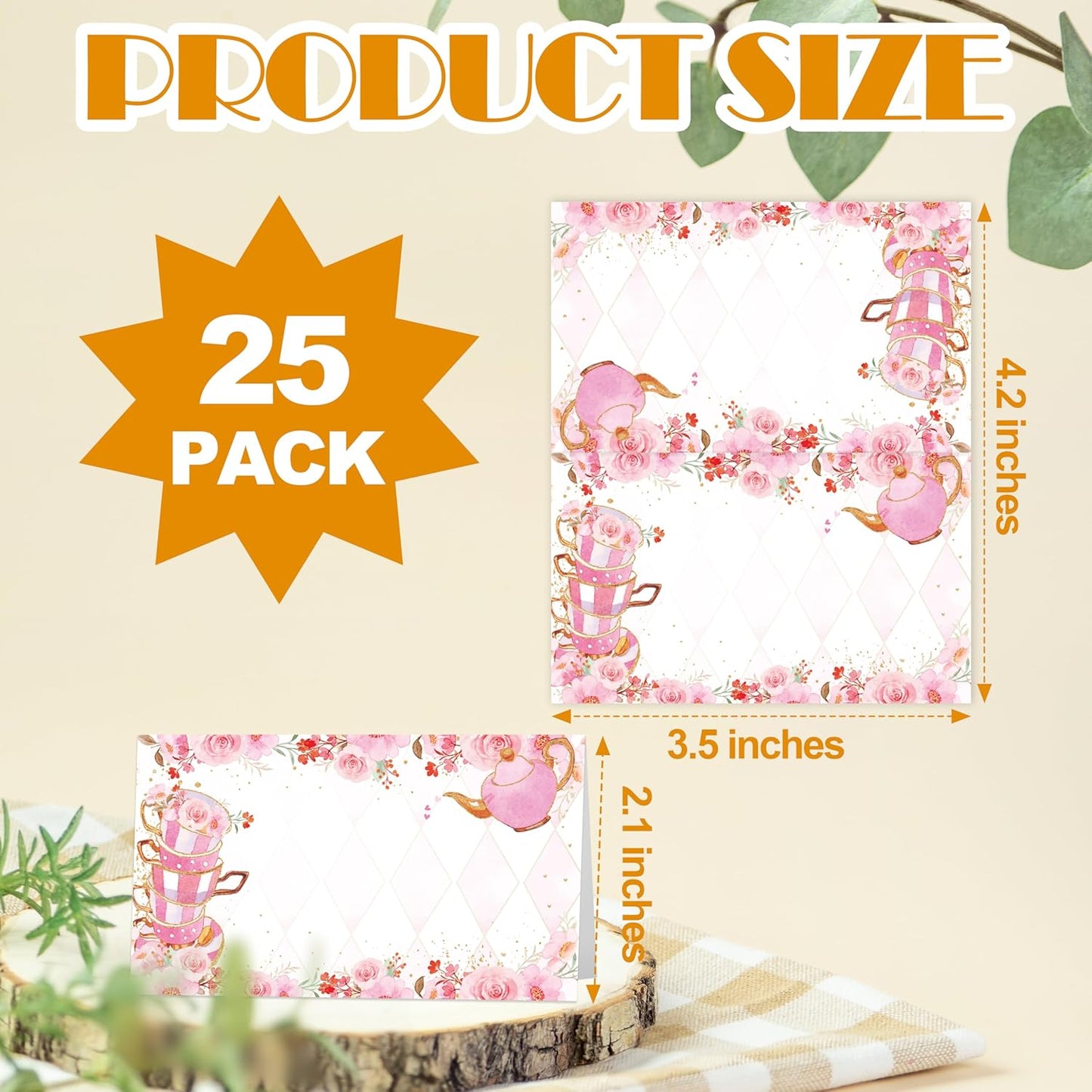 Tea Party Place Cards, Garden Floral Tea Cup Table Place Cards For Table Setting, Pink Name Cards For Birthday Baby Shower Girls Party Ladies Event Dinner Wedding, 25 Cards Included -06