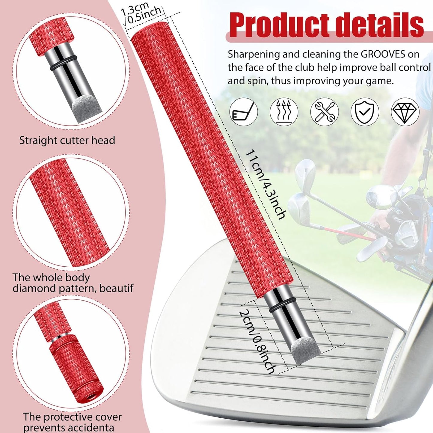 Skylety 3 Pieces Golf Club Groove Sharpener Retractable Brush and 6-Head Groove Sharpener Re-Grooving Tool and Cleaner for All Golf Irons Pitching, Sand, Lob, Approach Wedges, Utility Clubs (Red)