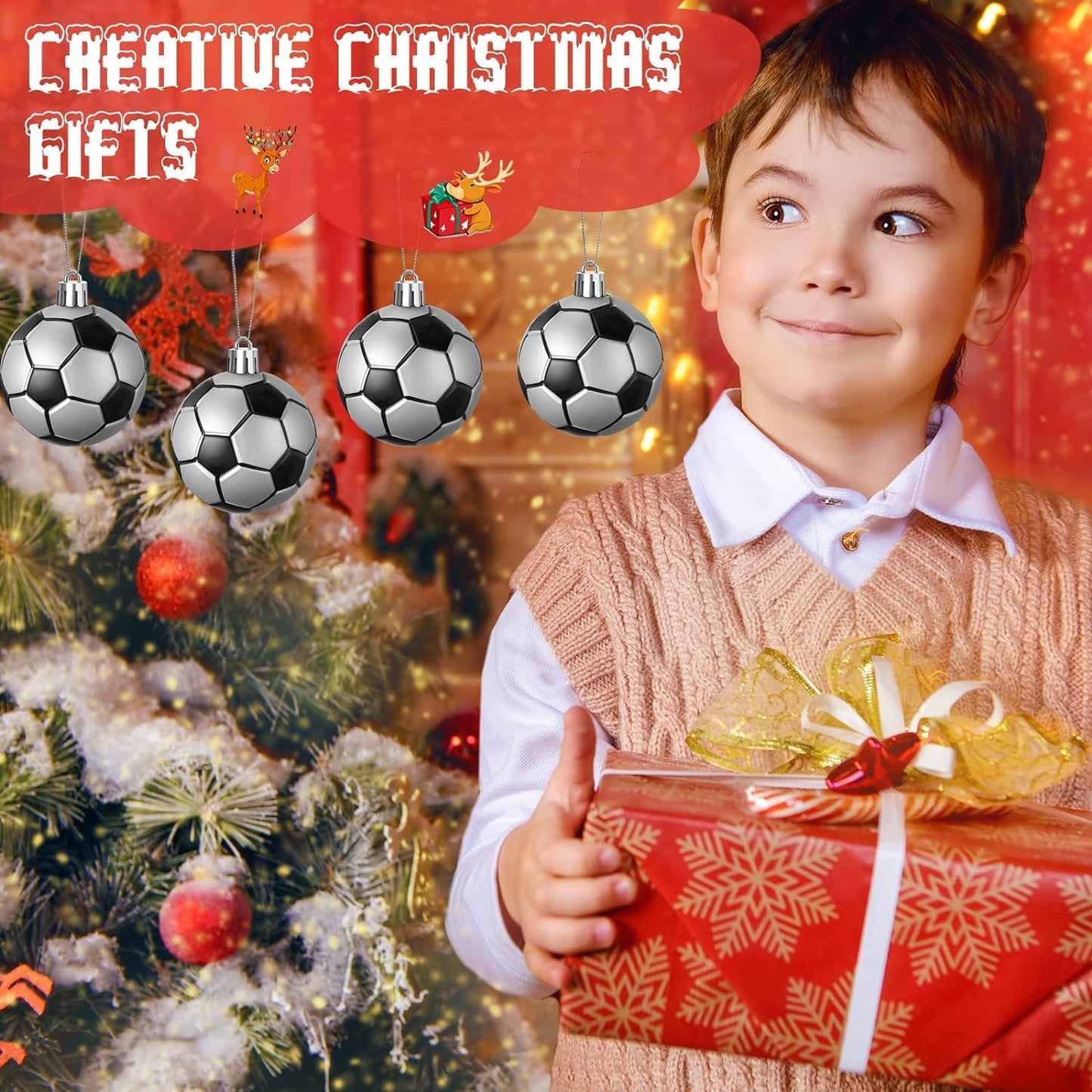 Leitee 12 Pcs Christmas Plastic Soccer Ball 2.36 Inch Xmas Tree Ornaments with Hanging Loop Sports Theme Decorative Hanging Ornaments for Holiday Party Christmas Tree Home