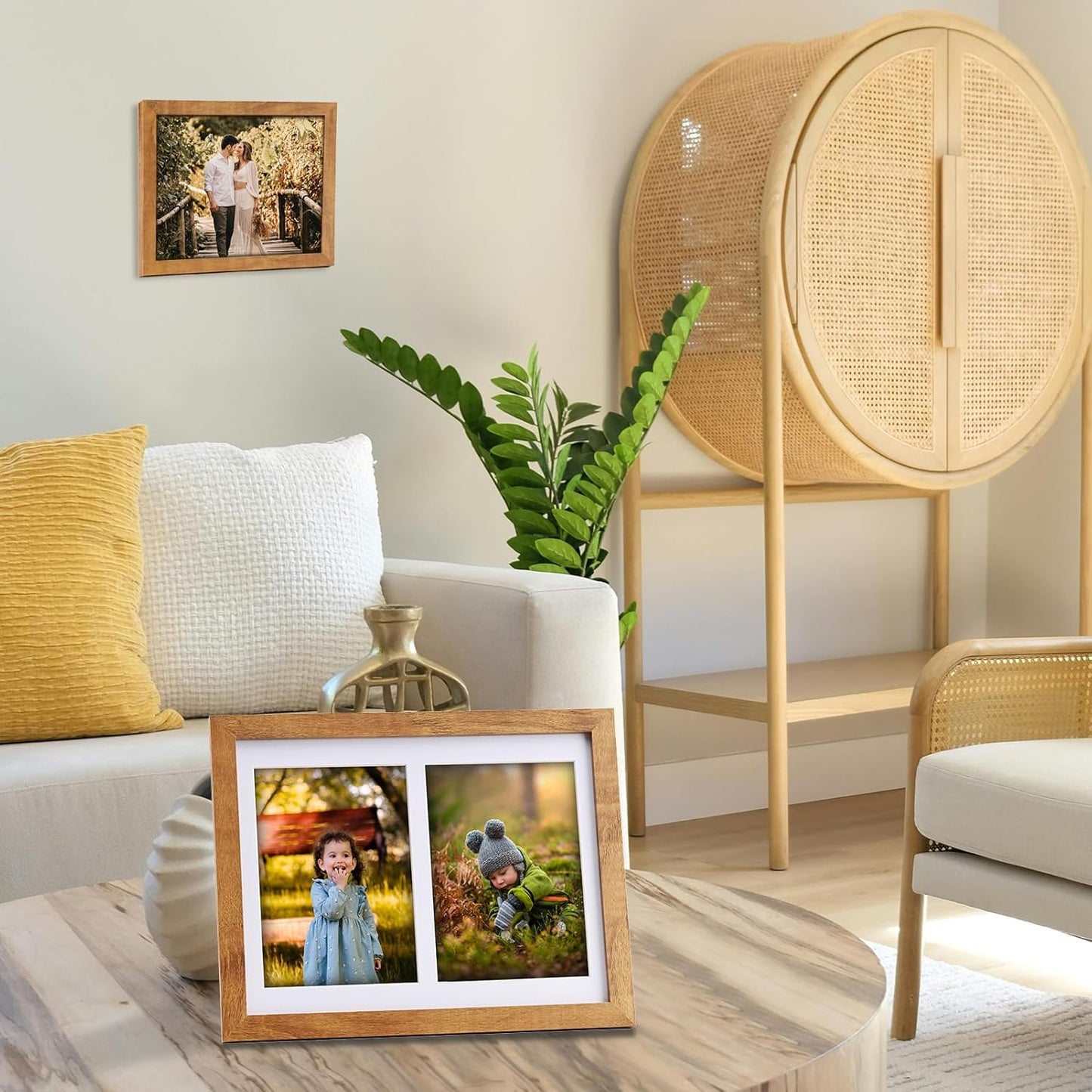 8x10 Pine Wood Collage Picture Frame Double 4x6 Picture Frame with Tempered Glass Fits 1Pc 8x10 Picture or 2Pcs 4x6 Photos With Mat For Tabletop or Gallery Wall Mounted-Teak Brown