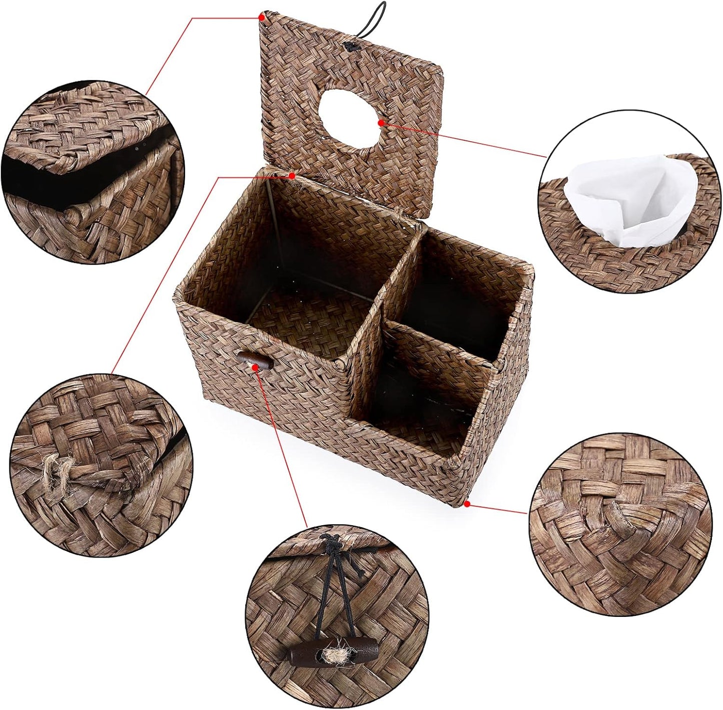 Sumnacon Square Woven Tissue Box Cover - Decorative Cube Tissue Box Holder with Side Organizer, Rustic Seagrass Tissue Box for Living Room Vanity Night Stand Table Countertop Office,Coffee