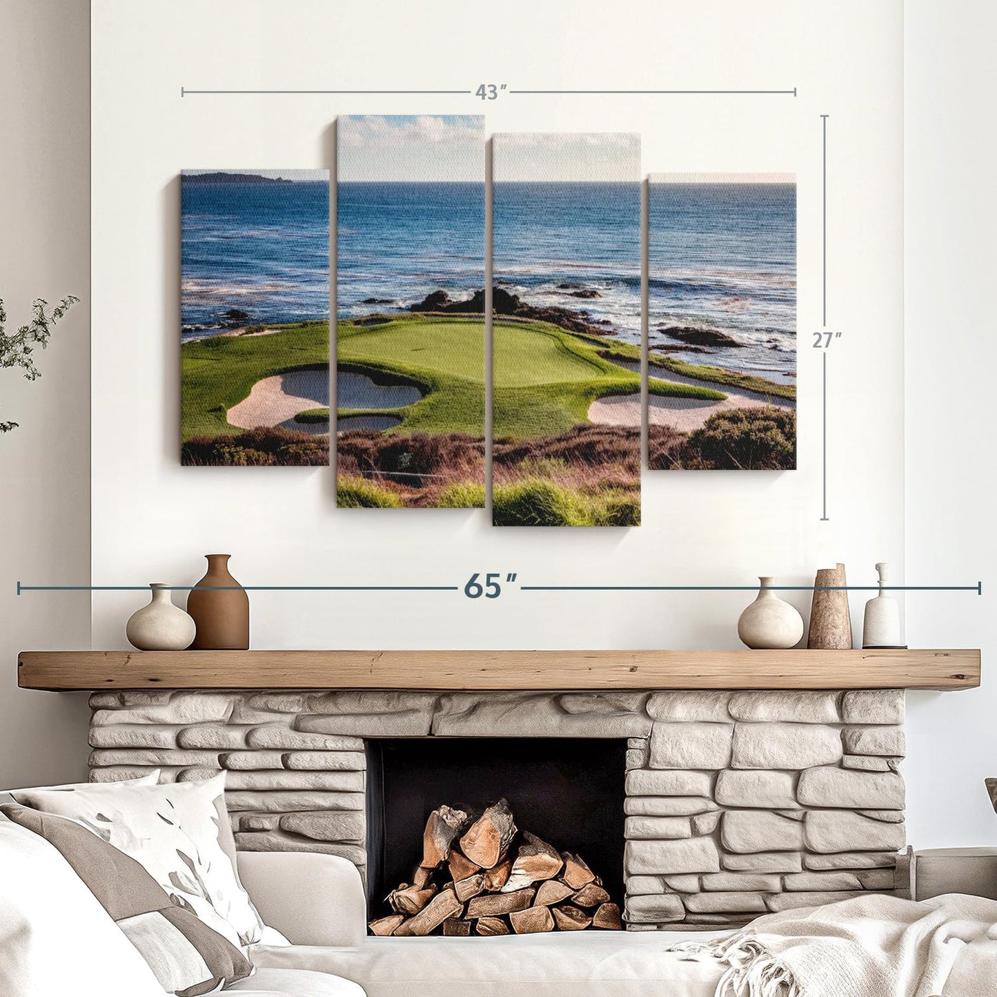 Elephant Stock California Coastline Golf Course Wall Art - Horizontal Canvas - 4-Piece Living Room Wall Decor - Photography Sports Canvas Print - Brown and Beige Decor for Wall - 43" X 27"