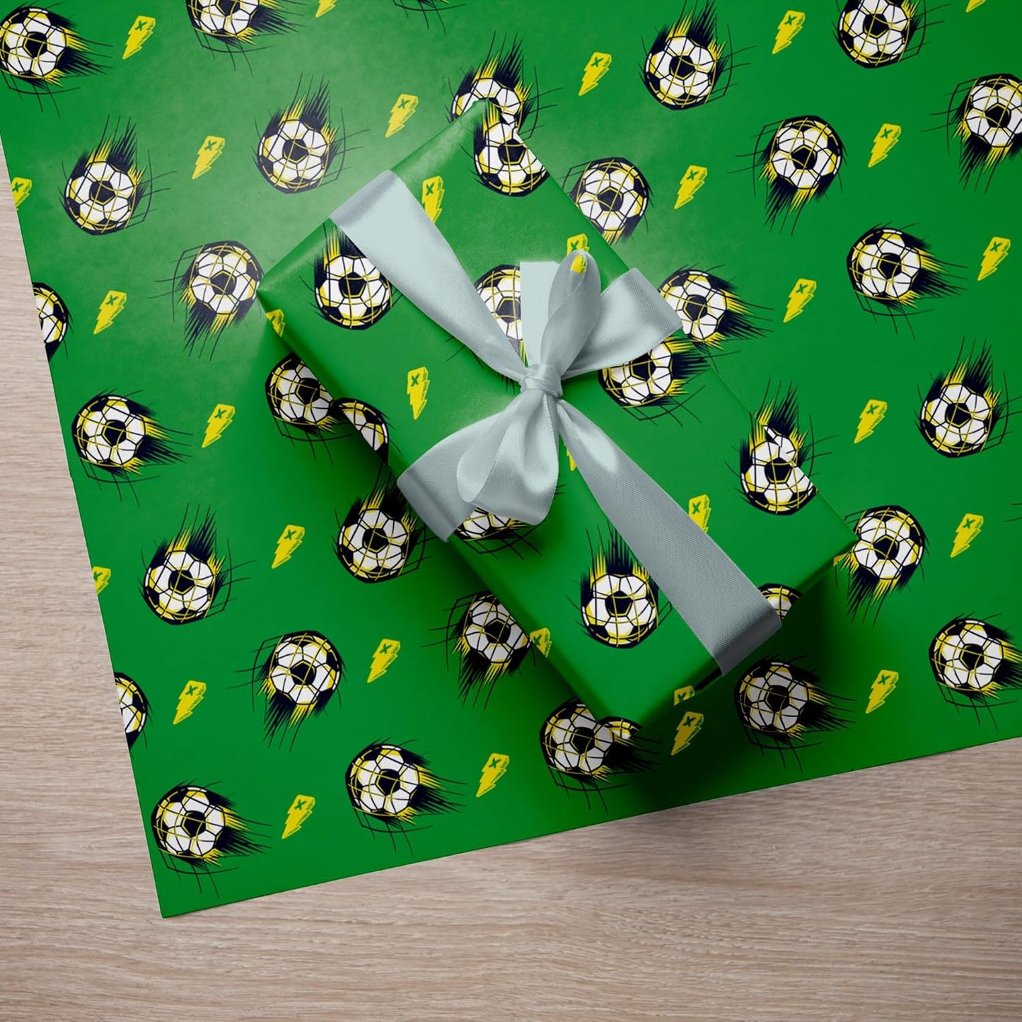 WAPLIGHAL Soccer Wrapping Paper - Green Background with Dynamic Soccer Ball and Lightning Bolt Design - 28 x 40 Inches - Perfect for Birthdays, Holidays, and Sports Events