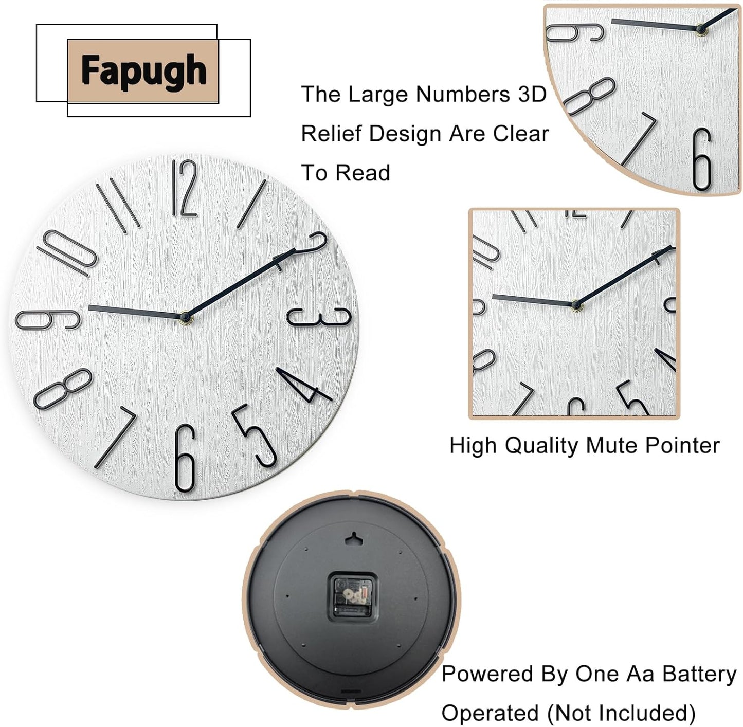 Wall Clock, Silent Clock, Wall Clocks Battery Operated， 12 inch Modern Wall Clock, Suitable for Offices, Living Rooms, Kitchens, Homes, Schools (White Without Second Hand)
