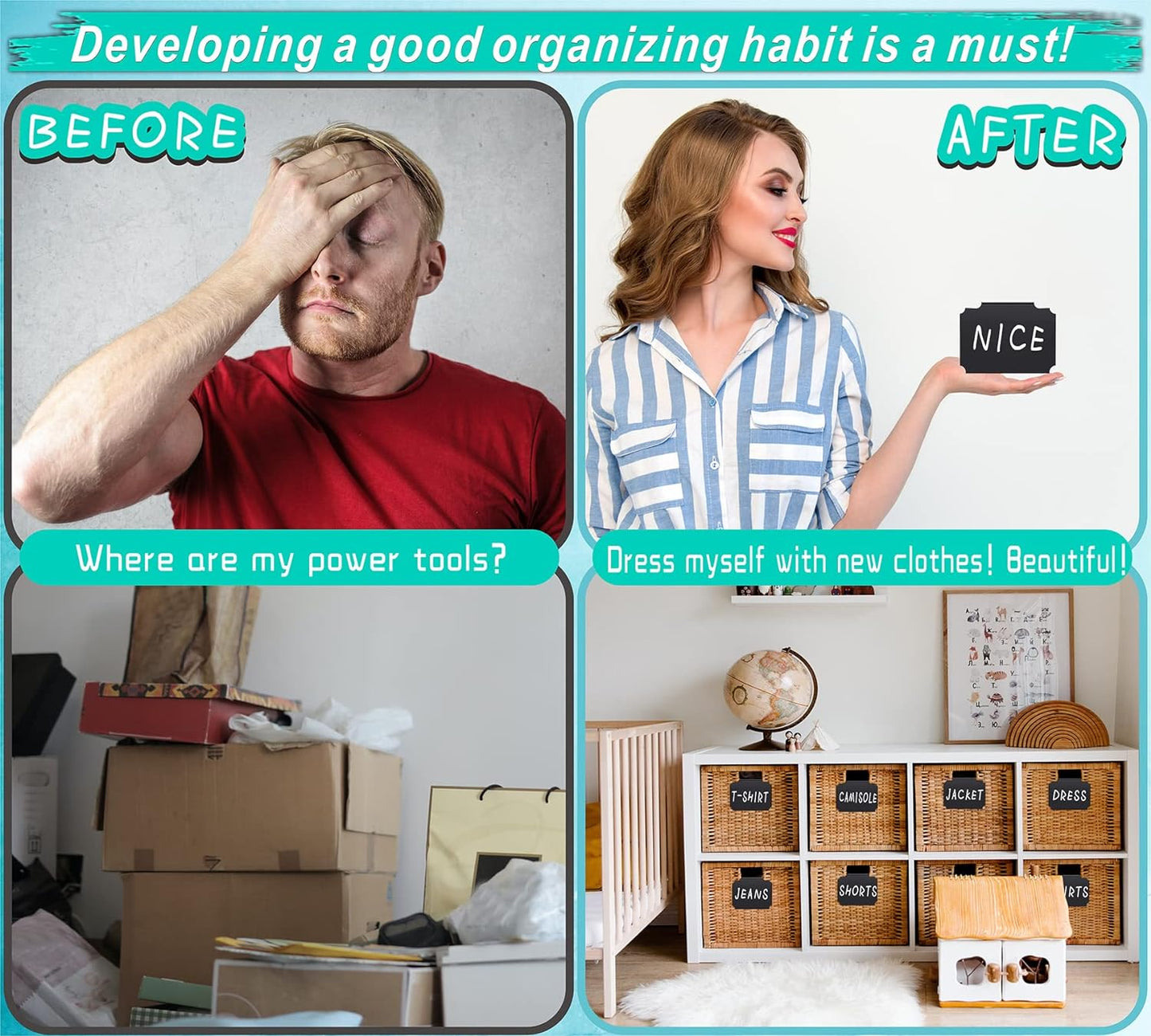 54-Piece Set of Basket Labels Clip On For Storage Bins: 20 Erasable Plastic Kitchen Pantry Labels, 32 Removable PVC Tag Stickers, 2 White Chalk Markers, For Organization Container, Jar, Shelf, Laundry