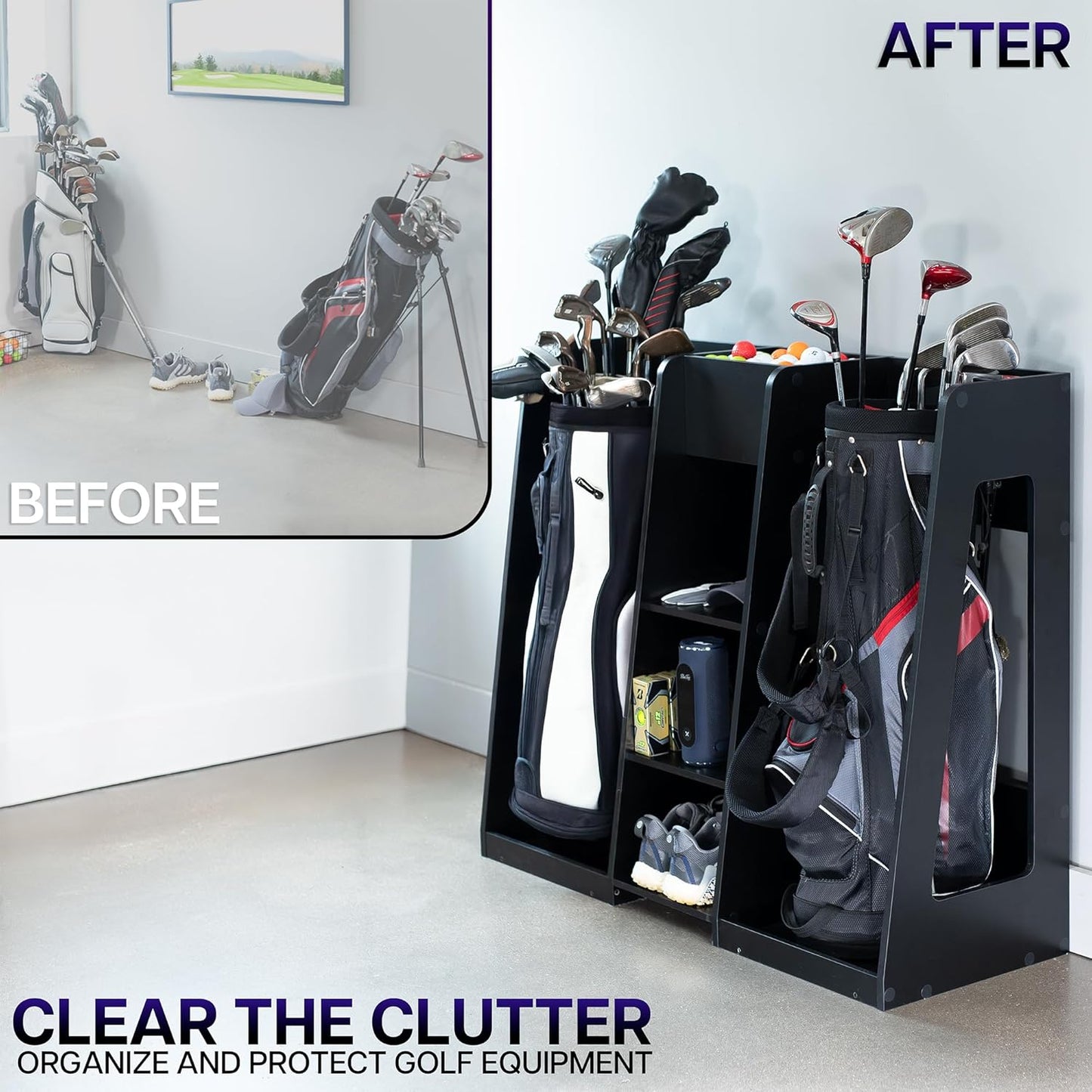 Life Finds Golf Bag Organizer, Storage Holder for Garage with 2 Side Compartments, 3 Middle Cubbies, and More, Black, LF-GBS1