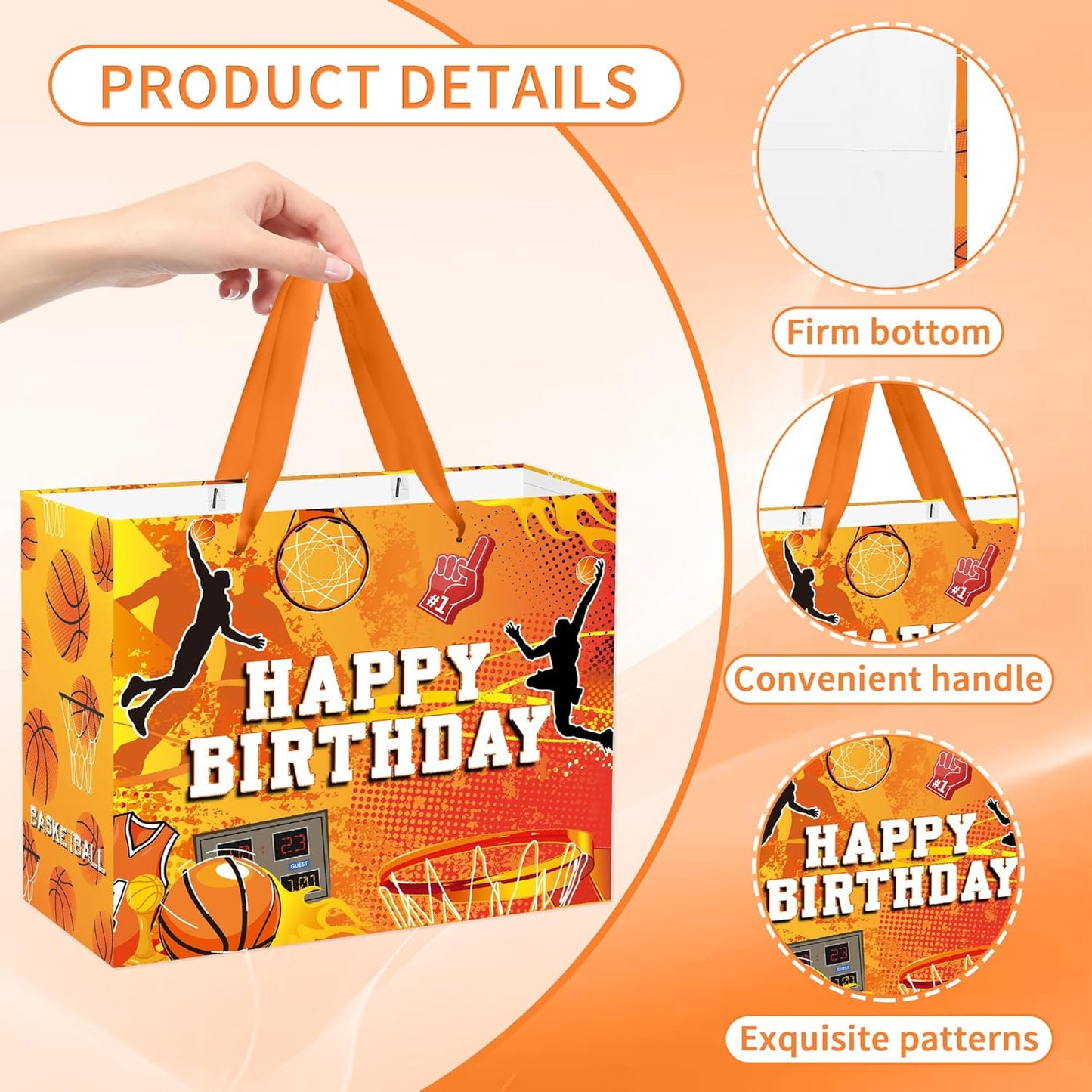 EoBeCy Basketball Birthday Gift Bags with Handles, Tissue Paper and Card, Orange Happy Birthday Wrapping Paper, Large Basketball Gift Bags for Teen Boys Girls Kids Men Sports Themed Party Favors