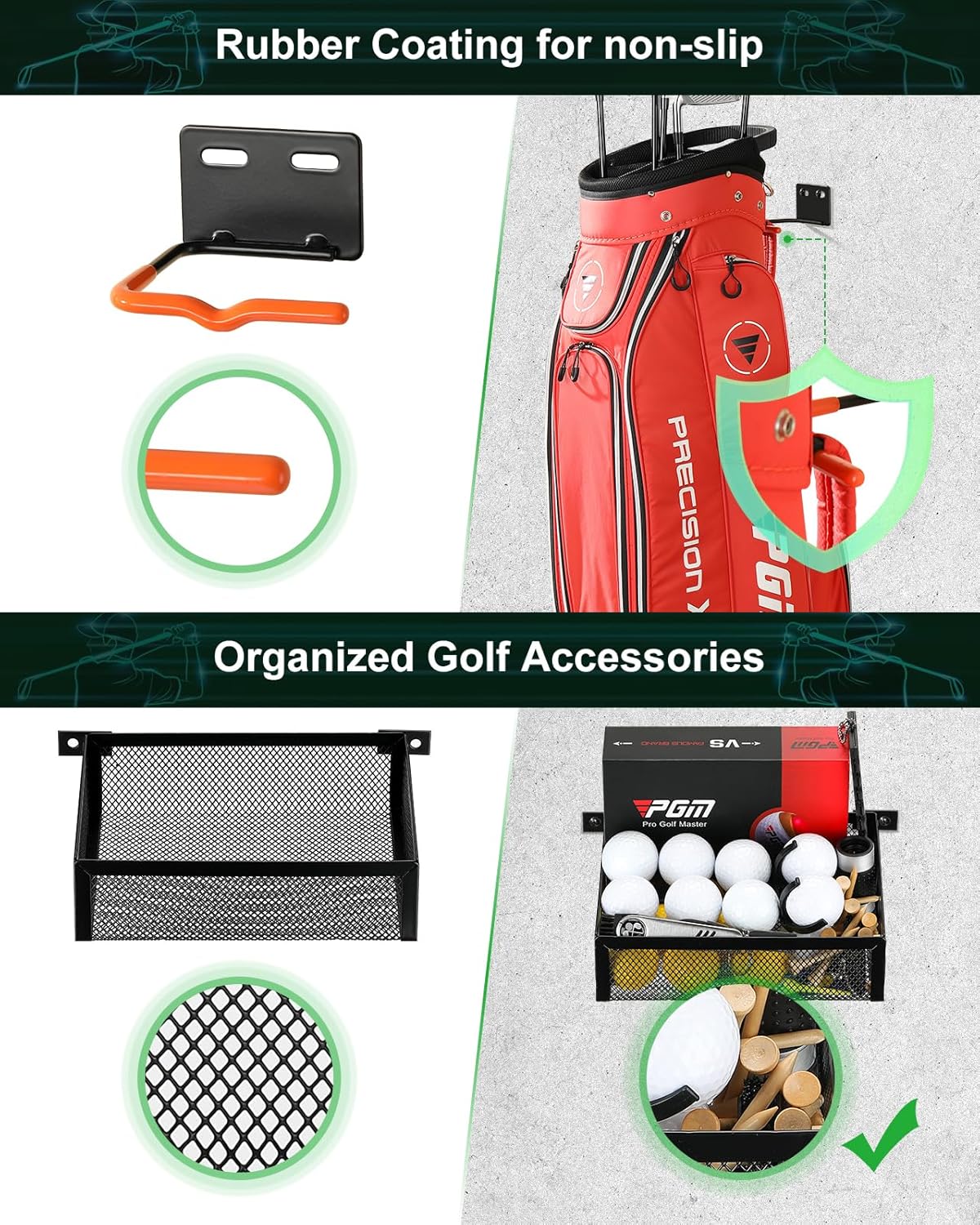 Golf Bag Wall Mount: Golf Bag Storage Rack, Golf Bag Holder for Garage, Heavy Duty Hanger Holds 2 Golf Bags