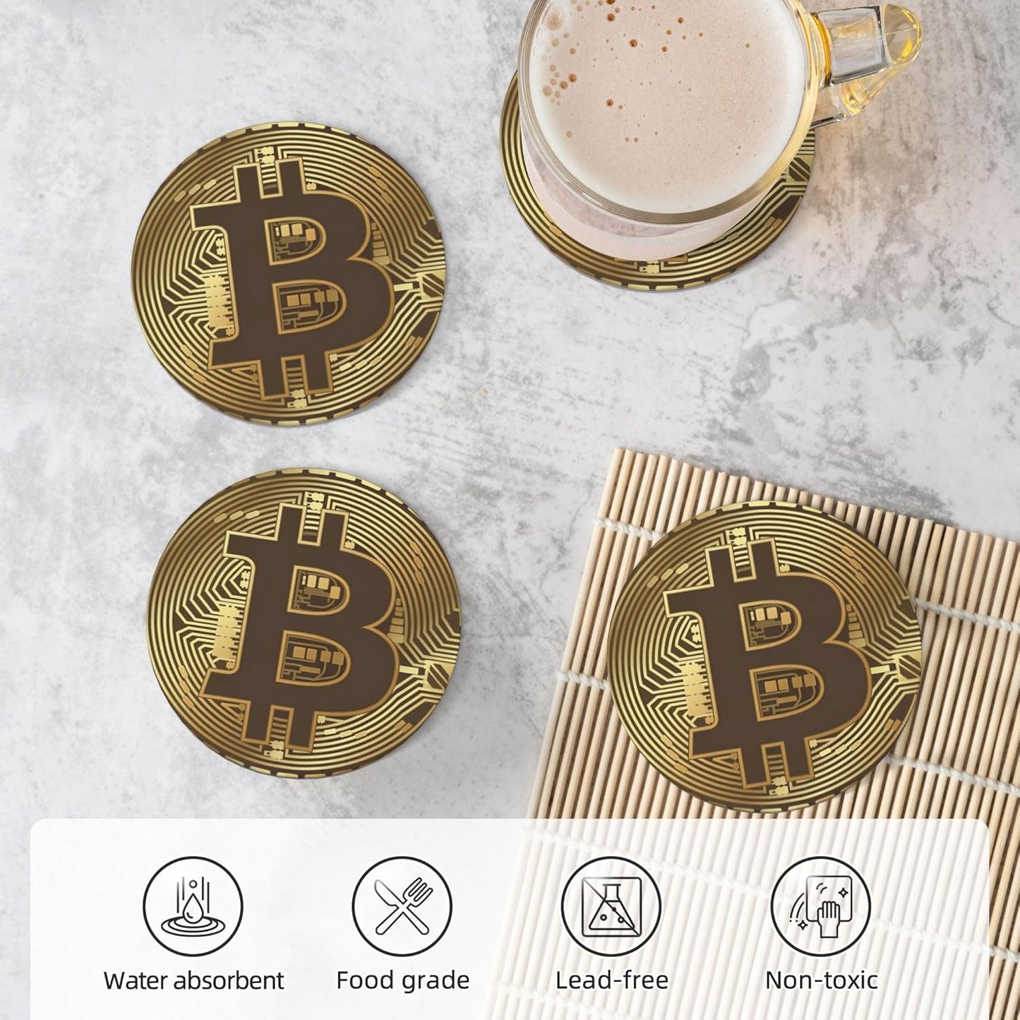 Bitcoin BTC Crypto Currency Coasters for Drinks Set of 4, Absorbent Ceramic Drink Coasters for Coffee Table Wooden Table Cup Bar, 4 Inches