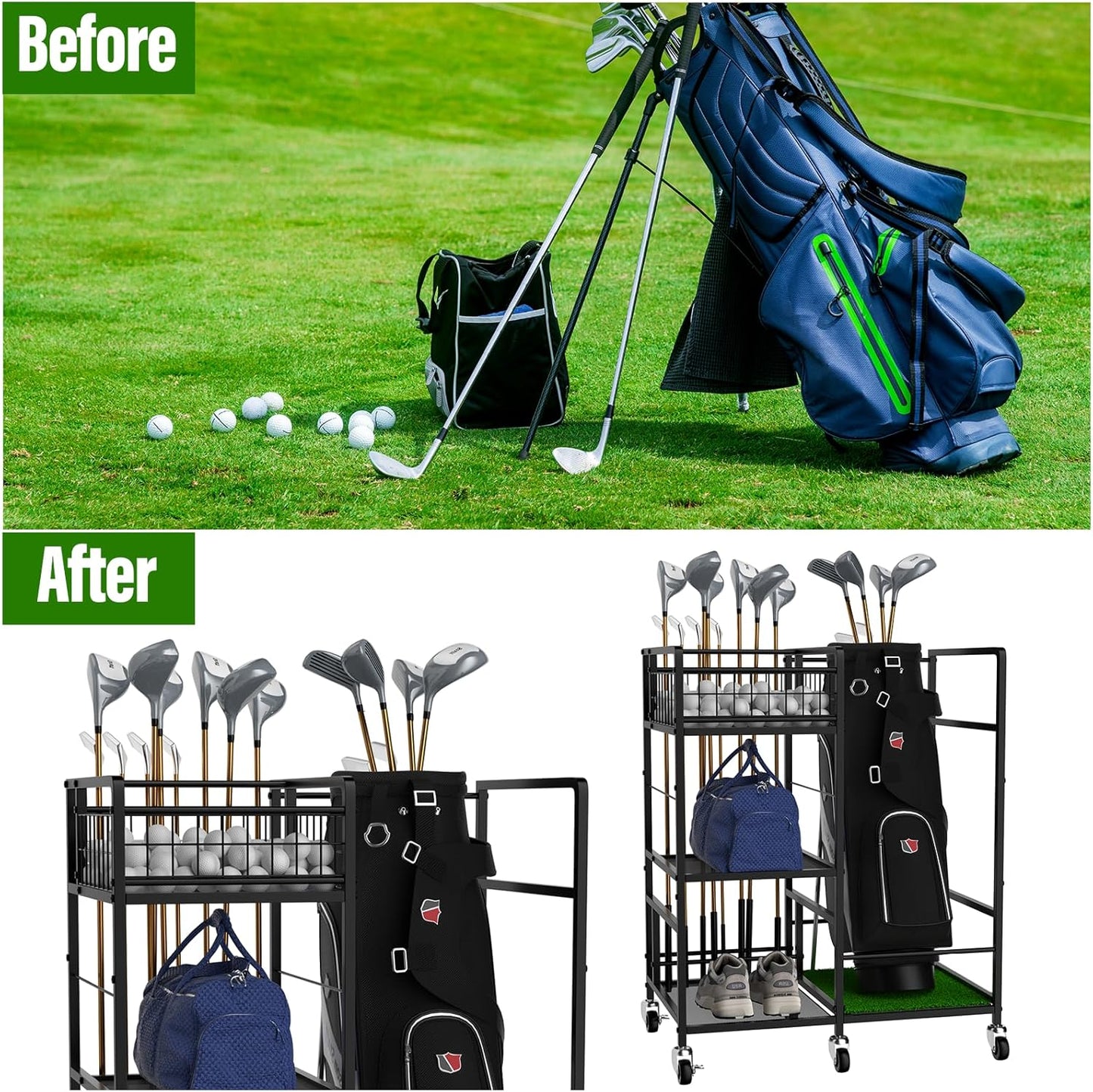 Golf Bag Organizer Rack Golf Club Storage Organizer for Garage Metal Golf Club Holder with Wheels 3 Tier Golf Bag Stand for Club, Balls, Shed and Basement, Black