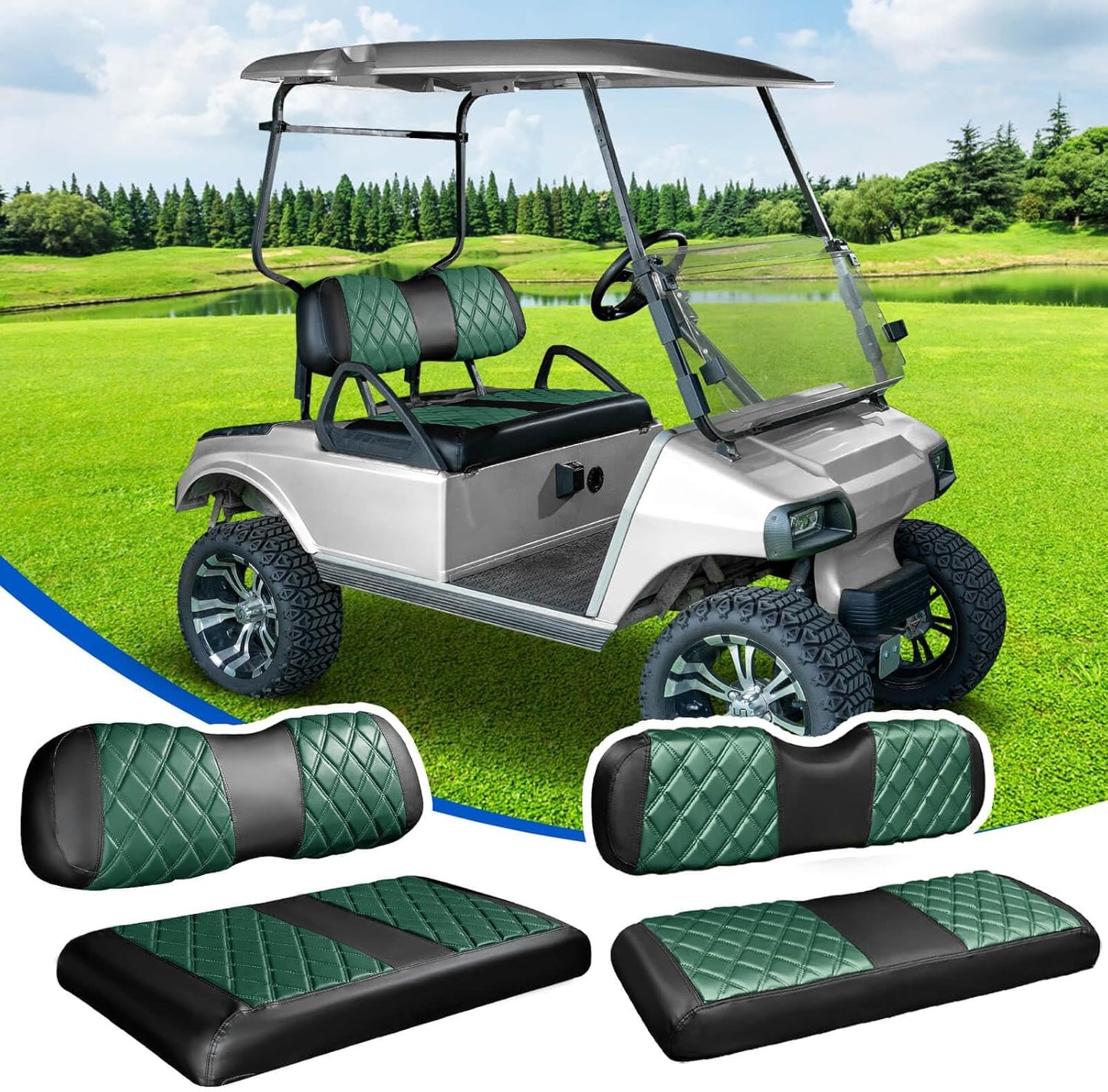 NOKINS 4PCS Golf Cart Diamond Seat Covers Kit, Front and Rear Seat Covers Fits Club Car DS 2000.5-Up Standard Seat Cushion, Club Car DS Vinyl Seat Covers Accessories (Dark Green and Black)