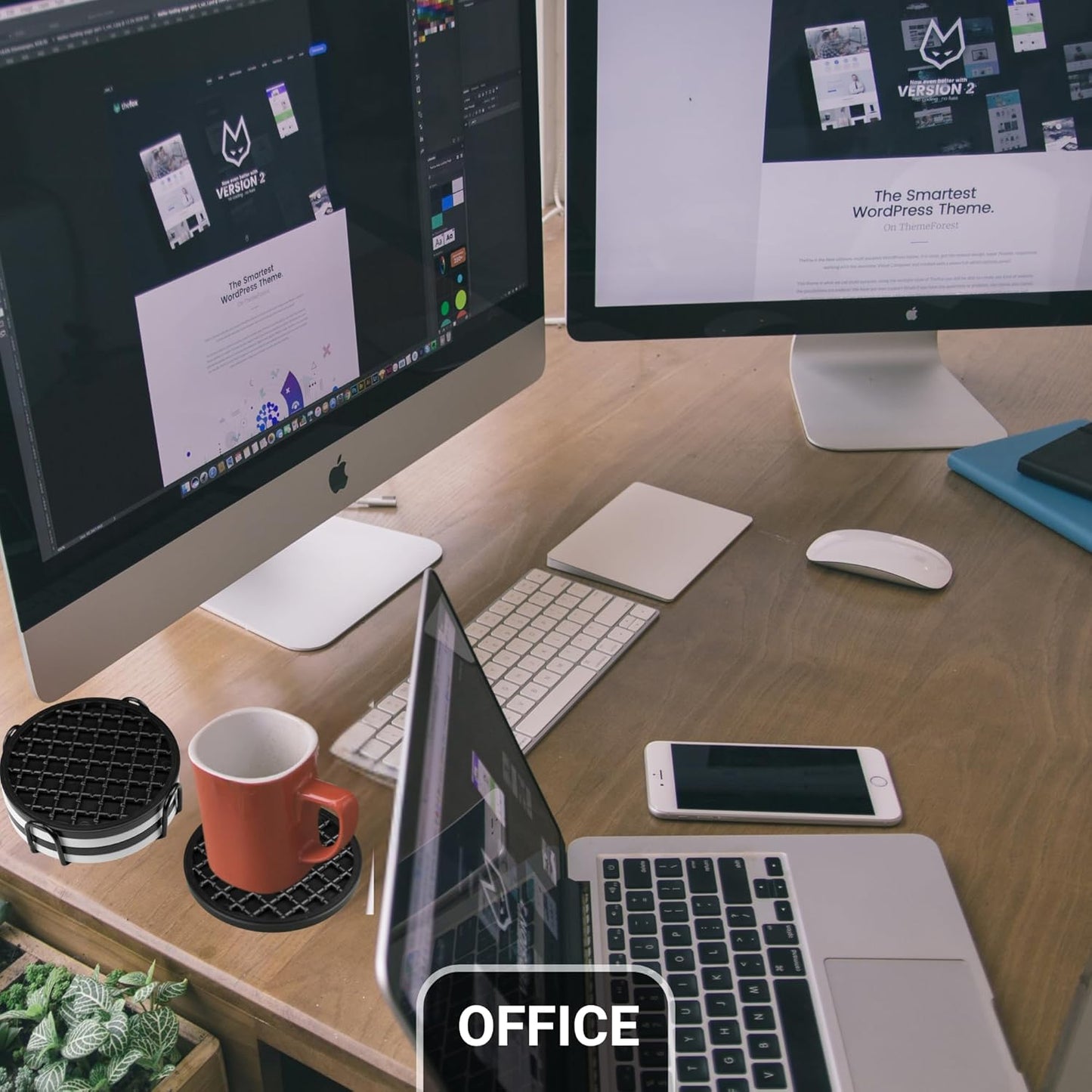 Ultimate Drink Coasters with Holder,[4 Pack] Drinking Coasters - Cup Coaster for Hot or Cold Drinks, Durable, Non-Slip, Non-Stick, Black (Black)