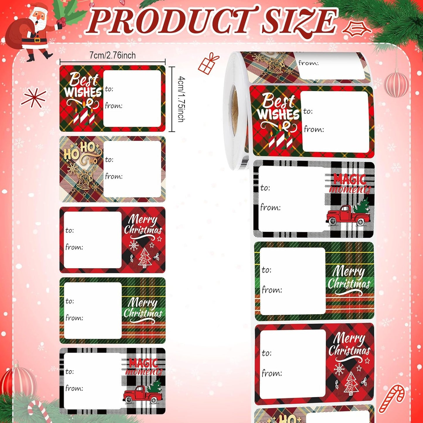 Outus 500 Pieces Christmas Tags Self Adhesive Gift Tags for Xmas Presents Christmas Name Labels Stickers for Wrapping Paper Festival Birthday Holiday Decor(Checkered Style,2.76 x 1.57 Inch)