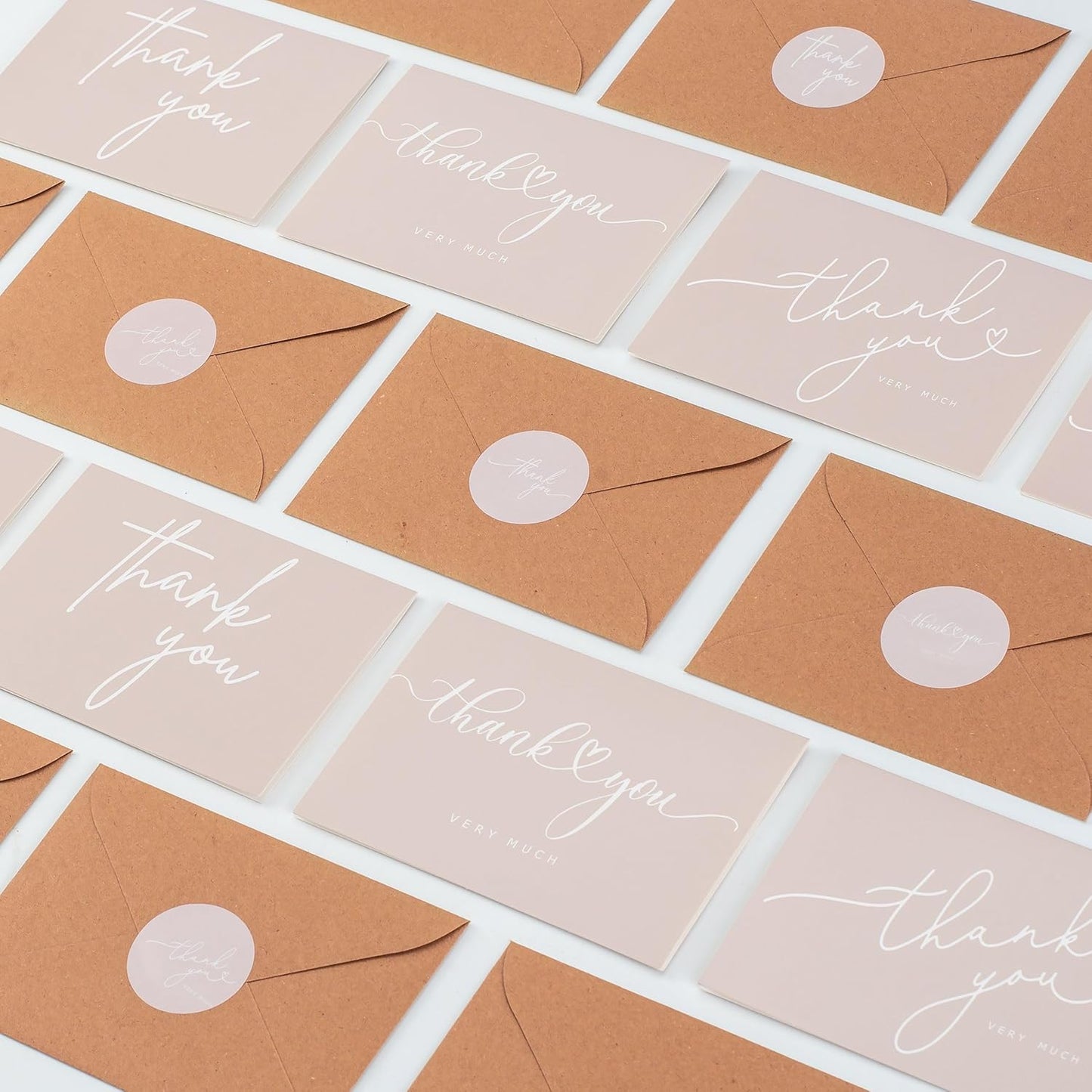 100 Bulk Khaki Thank You Cards with Kraft Envelopes and stickers - 4 Minimalistic Designs Blank Thank You Notes with Envelopes beige for business Wedding Bridal Gift Baby Shower Business Graduation