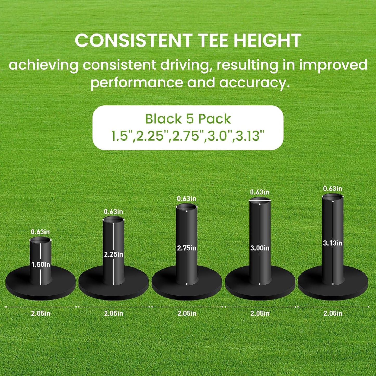 FINGER TEN Golf Rubber Tees Driving Range Value 5 Pack, Mixed Size or 5 Same Size for Practice Mat