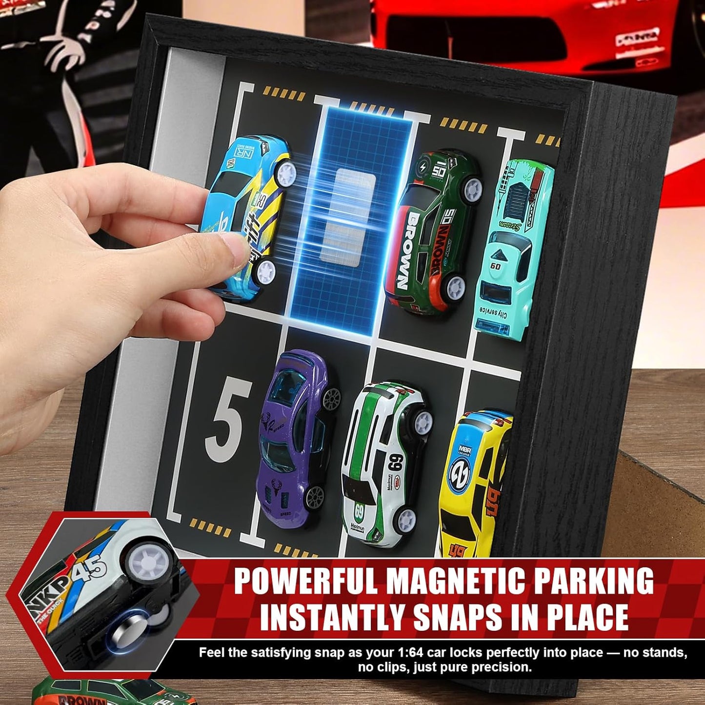 JupDec Magnetic 1:64 Scale Display Case for Hot Wheels, Clear Acrylic Toy Car Diecast Shadow Box with Parking Layout Mat for Matchbox, Wall Mount or Tabletop Display Box, Ideal Gift for Collectors