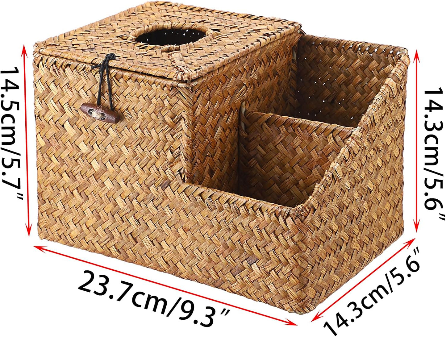 Sumnacon Square Woven Tissue Box Cover - Decorative Cube Tissue Box Holder with Side Organizer, Rustic Seagrass Tissue Box for Living Room Vanity Night Stand Table Countertop Office,Caramel