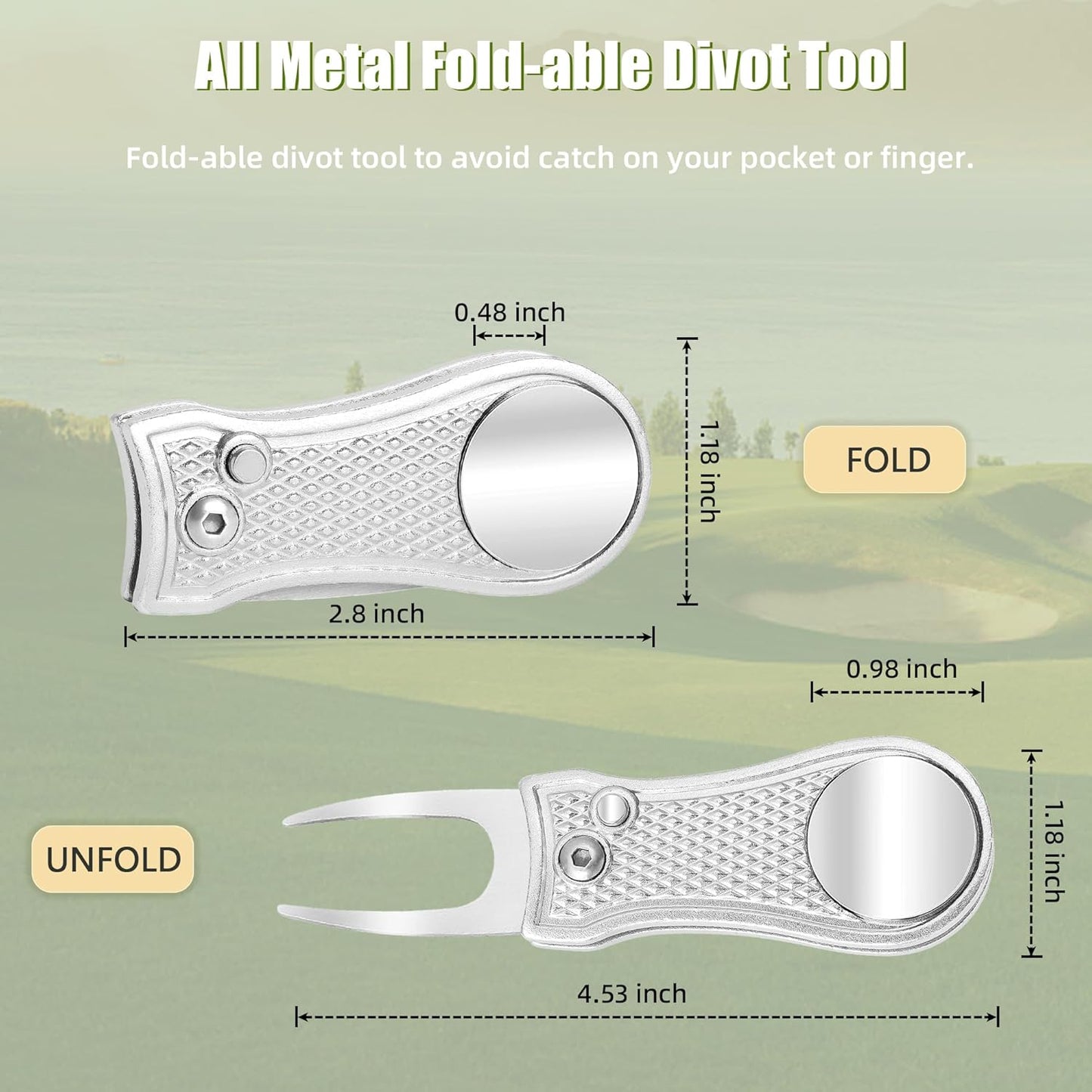 Mile High Life Golf Divot Repair Tool, All Metal Foldable Divot Tool with Pop-up Button & Magnetic Ball Marker