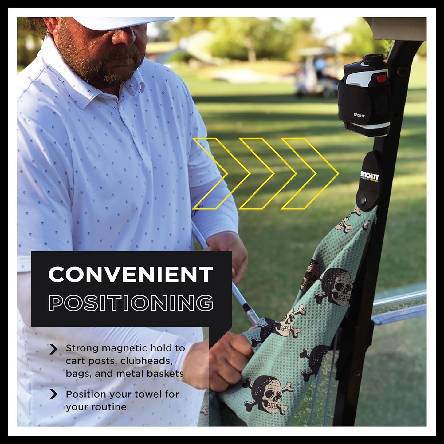 STICKIT Magnetic Seafoam Green Golf Towel with Golf Ball Skulls | Top-Tier Microfiber Golf Towel with Deep Waffle Pockets | Industrial Strength Magnet for Strong Hold to Golf Carts or Clubs