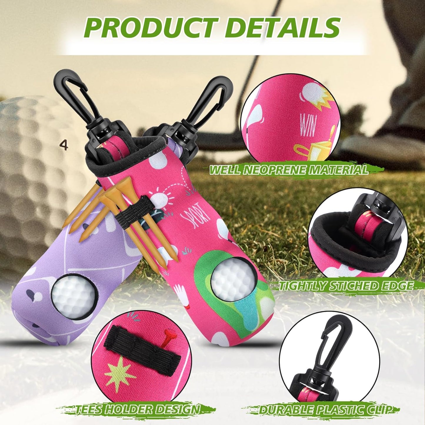 4 Pieces Golf Tee Holder Golf Ball Carry Bag Pouch Ball Holder Keychain Belt Clip Gifts Accessories