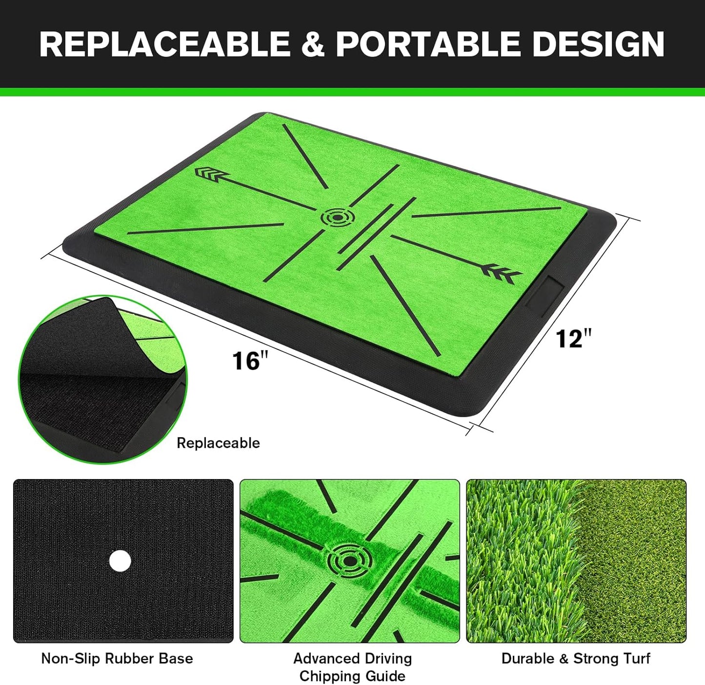 Golf Hitting Mat, Golf Mats Practice Outdoor Indoor for Swing Path Feedback Detection Batting, 16"x12" Artificial Dual Turf Golf Mat with Tees for Training, Driving, Chipping