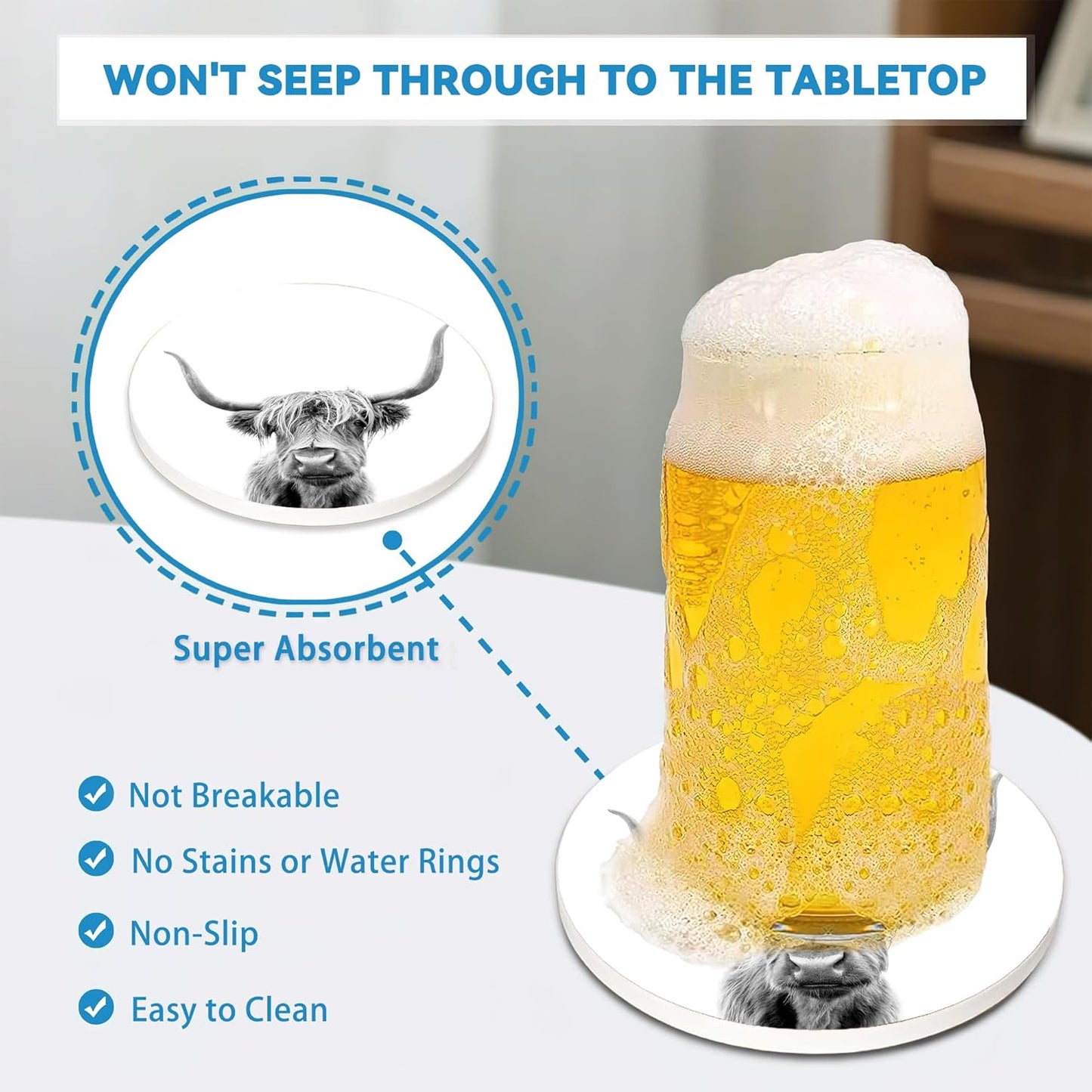 Highland Cow Coasters Set of 4, Absorbent Ceramic Drink Coasters with Cork Backing, Western Theme Coasters for Table Home Décor, Ideal Gifts for Women Men