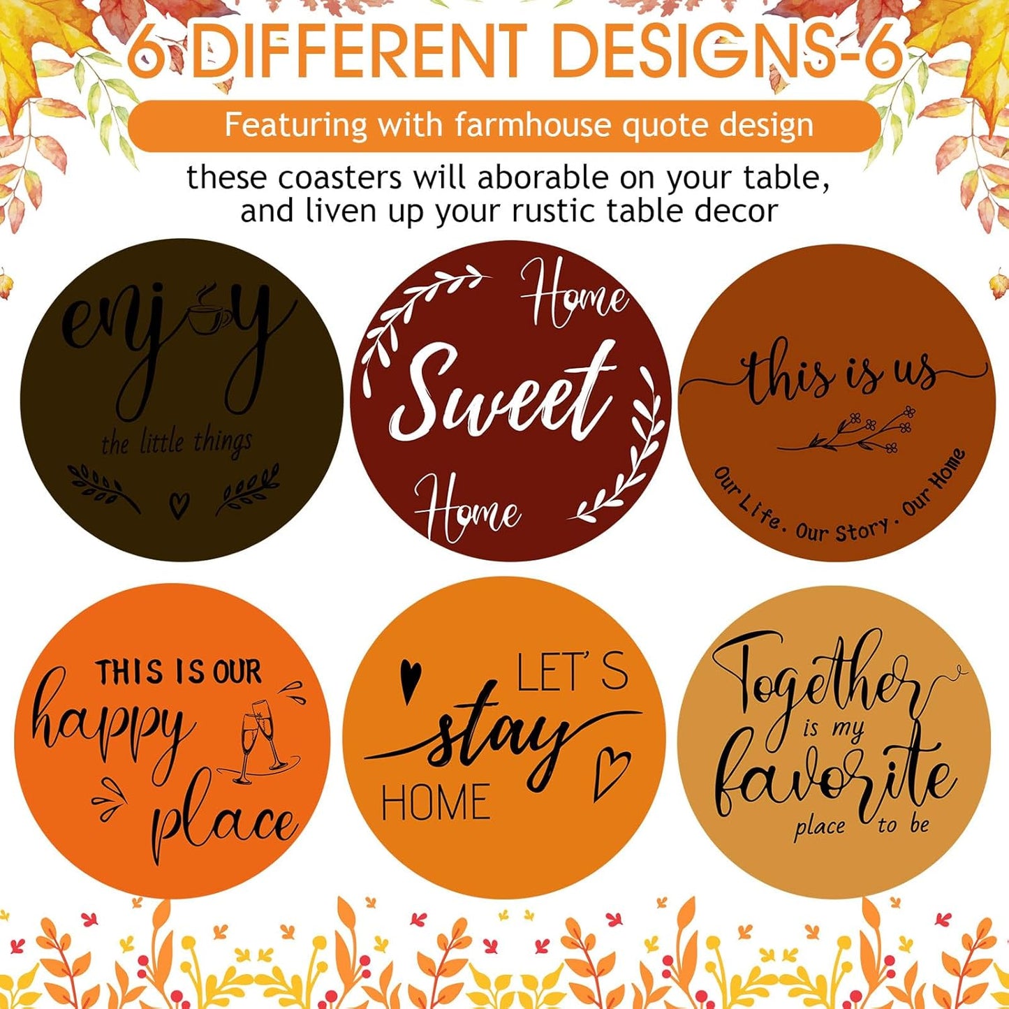 Queekay Housewarming Gifts for Home Decoration Wooden Heart Coasters for Drinks 6 Set Farmhouse Coasters with Holder Funny for Family Coffee Table Protection, 4''(Fall Color)