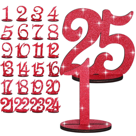 Glitter Table Numbers 1-25 Wooden Table Numbers for Wedding Reception Standing Seat Place Cards with Holder Base for Wedding Party Event Catering Receptions Banquets(Red)