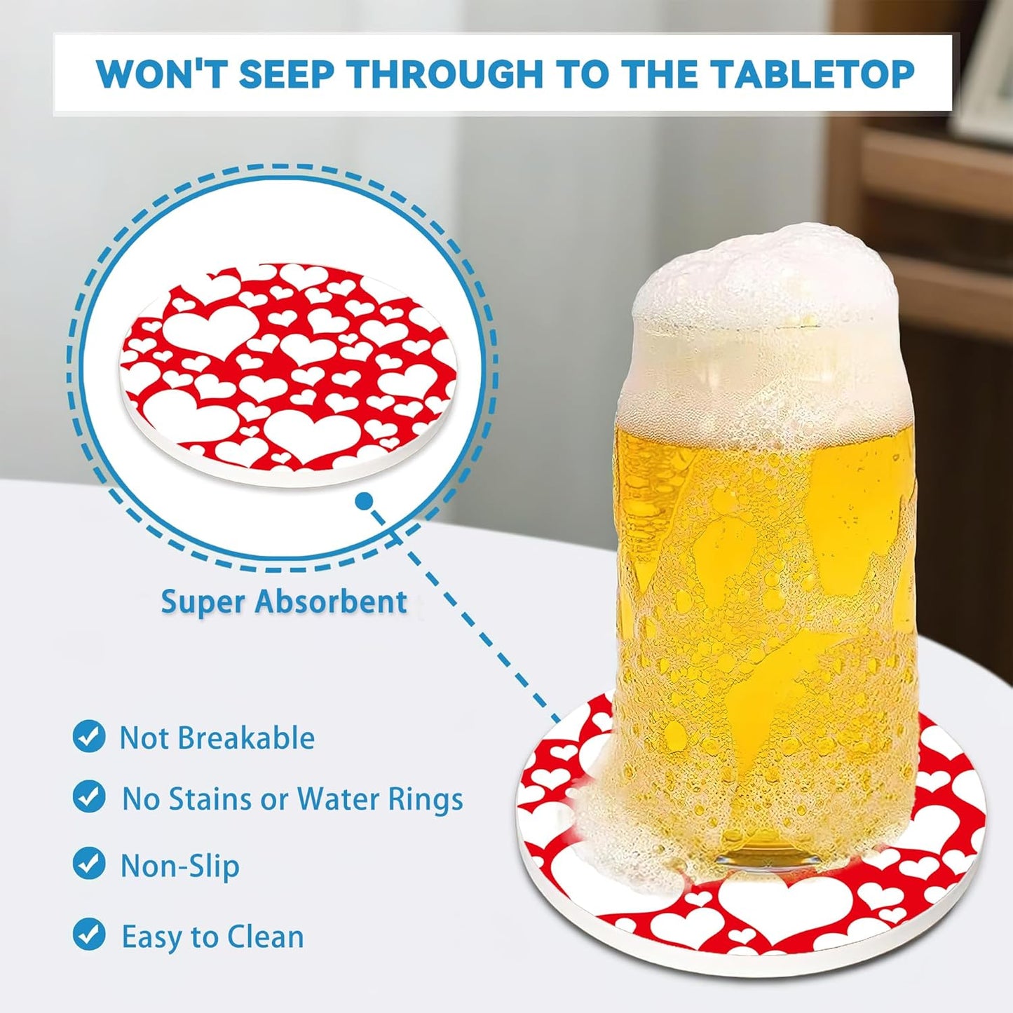 Coasters Set of 4, Red Heart Love Round 4" Cup Coasters, Absorbent Ceramic & Cork Base, Ideal Gifts for Women & Men