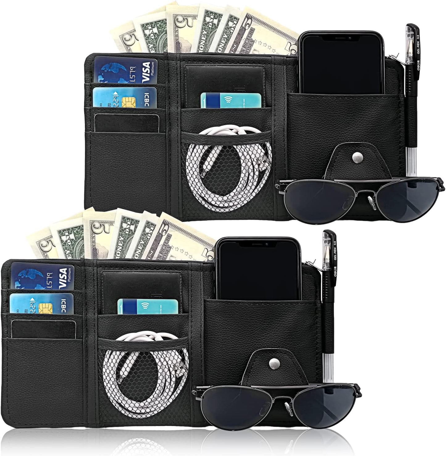 Keedolla 2Pcs Car Sun Visor Organizer, Auto Interior Accessories Pocket Organizer Car Visor Storage Pouch Holder with Zipper Pocket for Sedan, Truck, SUV - Black