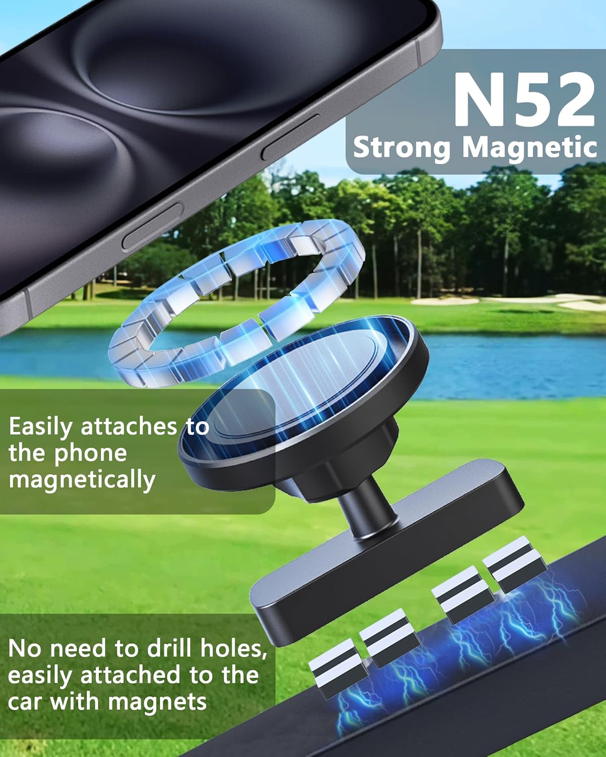 Magnetic Golf Cart Phone Holder：360 ° Rotatable Anti Shake Alloy Phone Mount Compatible with Mag-Safe iPhone 16-12 - Golf Cart Accessories Suitable for EZGO, Club Car, Yamaha, Icon