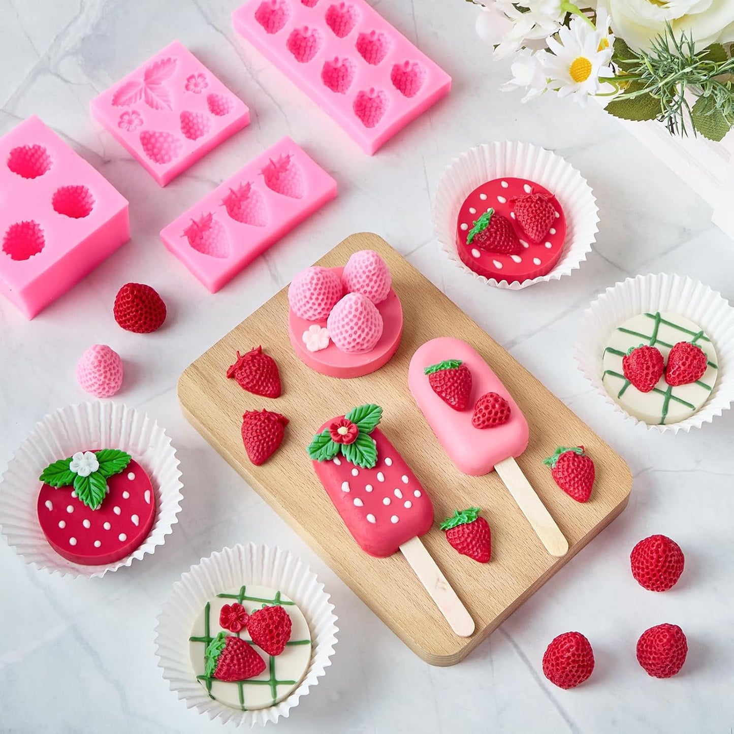 4 Pcs Strawberry Silicone Fondant Molds for Chocolate, 3D Fruit Shaped Molds for Shortcake Cupcake Decoration, Candles, Clay, Wax Making