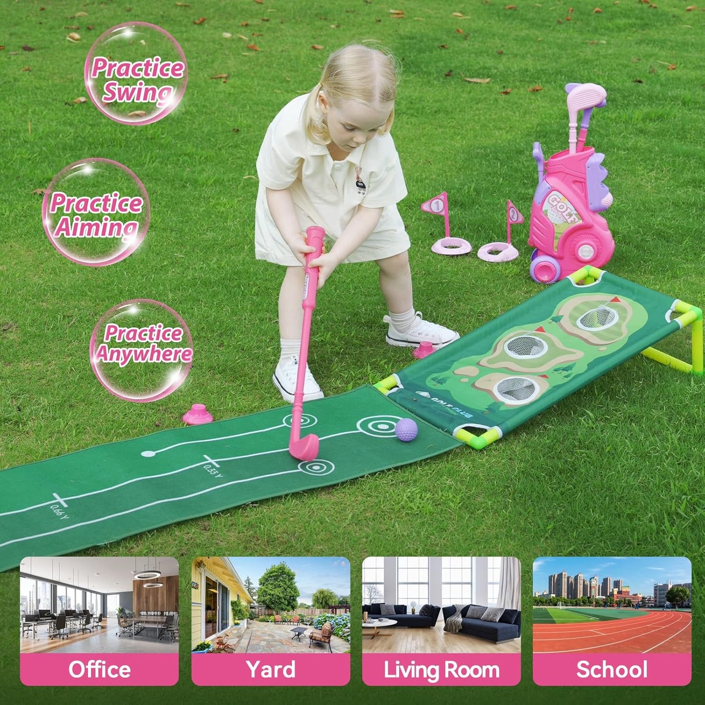 Liberry Toddler Golf Set for 2 3 4 Years Old Girls Boys, Upgraded Kids Golf Cart with Golf Cornhole Board & Putting Mat, Indoor and Outdoor Golf Toys Birthday, Pink