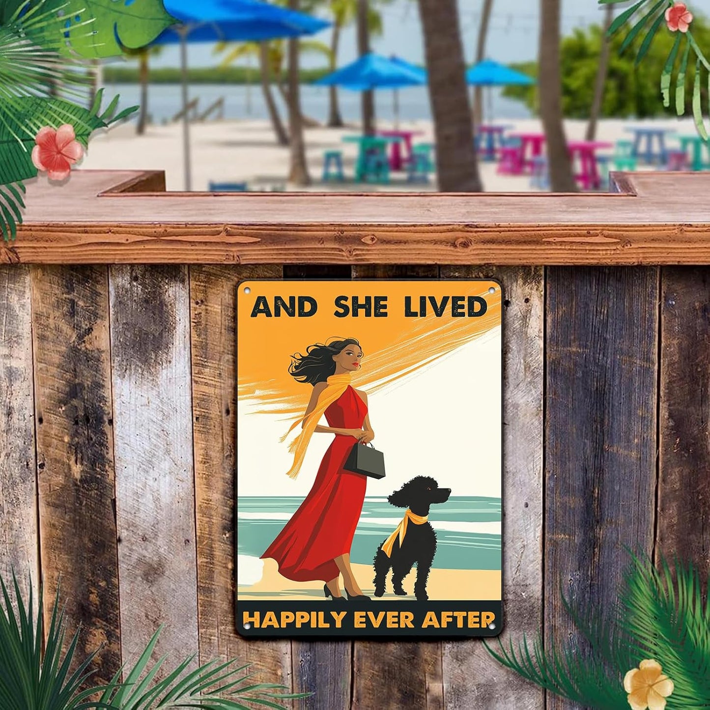 Vintage Tin Sign Metal Poster Plaque Poodle Girl and She Lived Happily Ever After Dog Metal Sign Iron Painting Retro Wall Decor Poster for Home Hotel Cafes 12x16 Inch