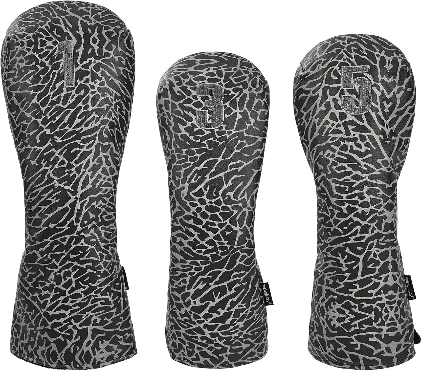 Golf Driver Head Covers 3-Pack for Men & Women - Premium PU Leather with Elephant Embroidery, Double Elastic Band (Driver/Fairway/Hybrid), Waterproof & Durable - White Grey or Black Grey