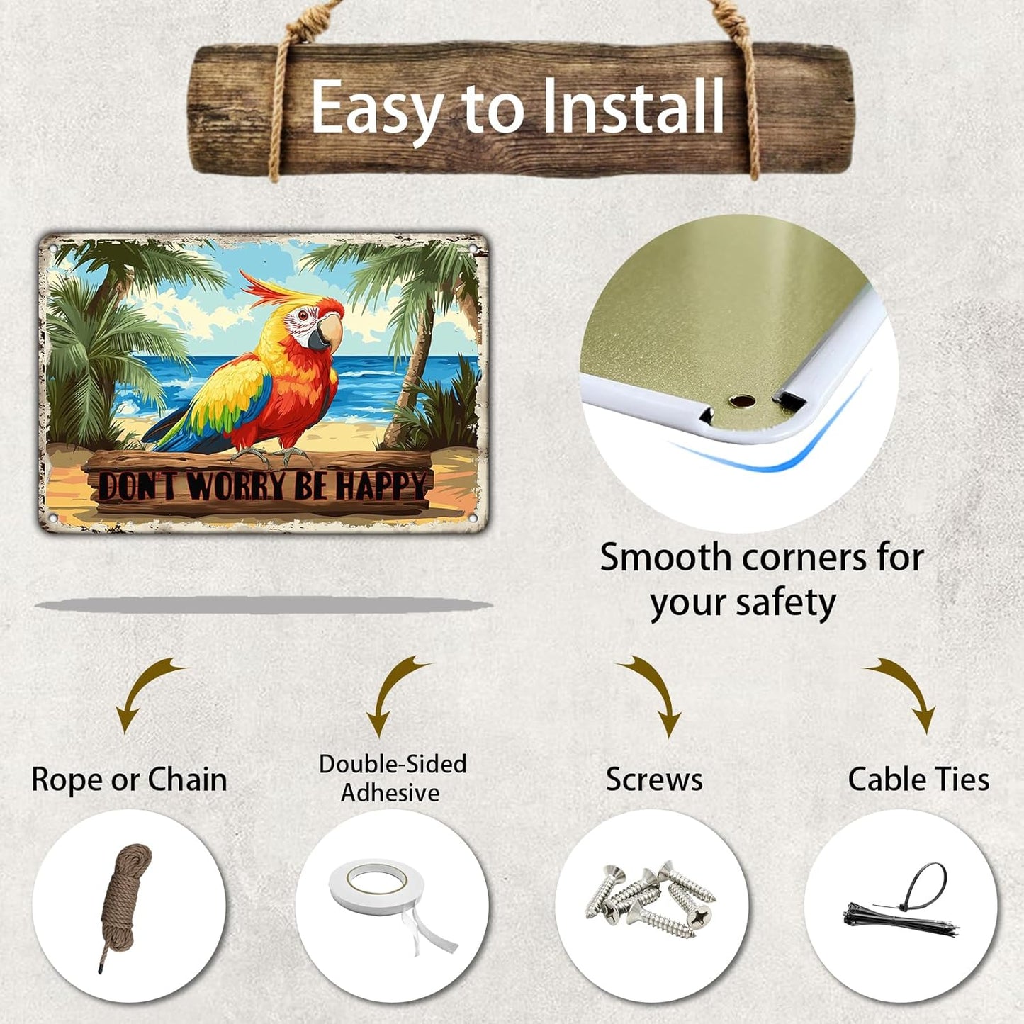 Creative Vintage Tin Metal Sign Don'T Worry Be Happy The Beach Parrot Iron Sign For Friend Porch Backyard Bar Outdoor Patio 12x8 Inch