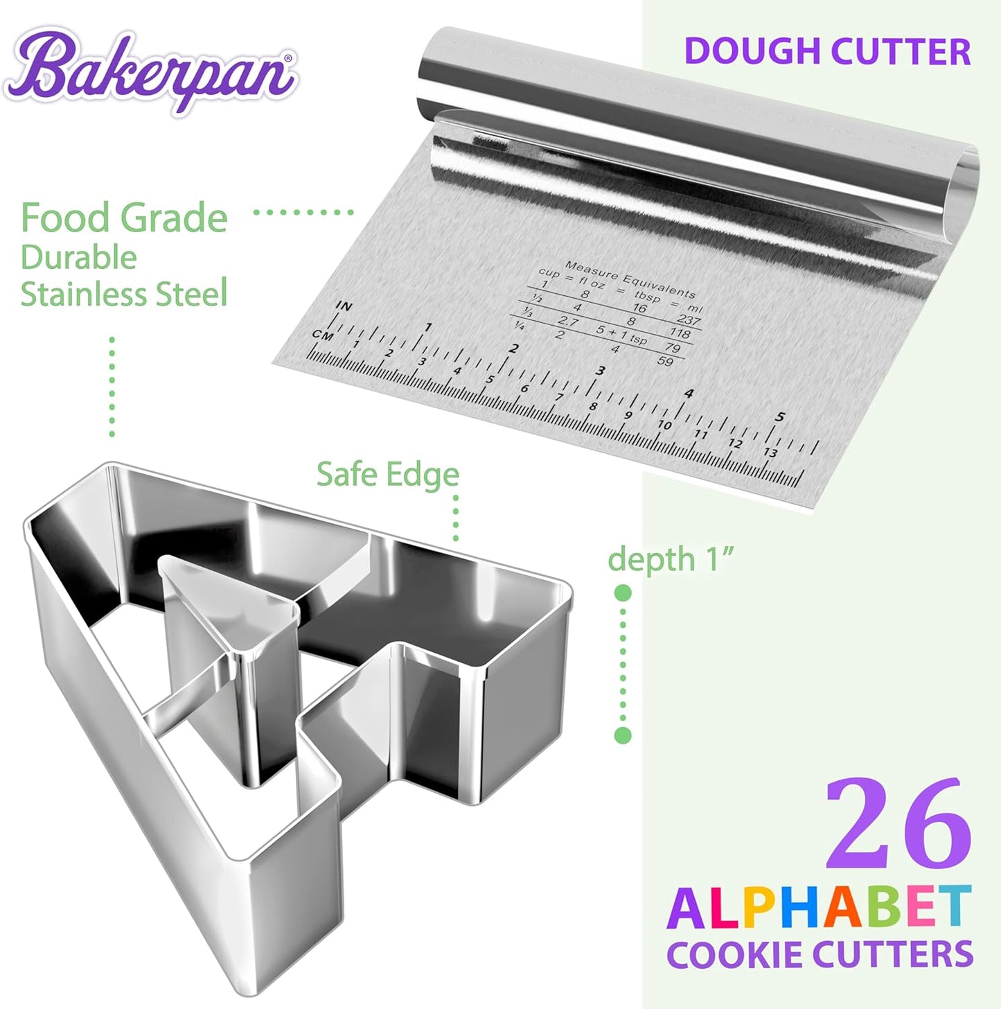 Bakerpan Stainless Steel Alphabet Cookie Cutter Set, Big 3.5 Inch English Letters, 26 Large ABC Cookie Cutters, with Bonus Dough Cutter