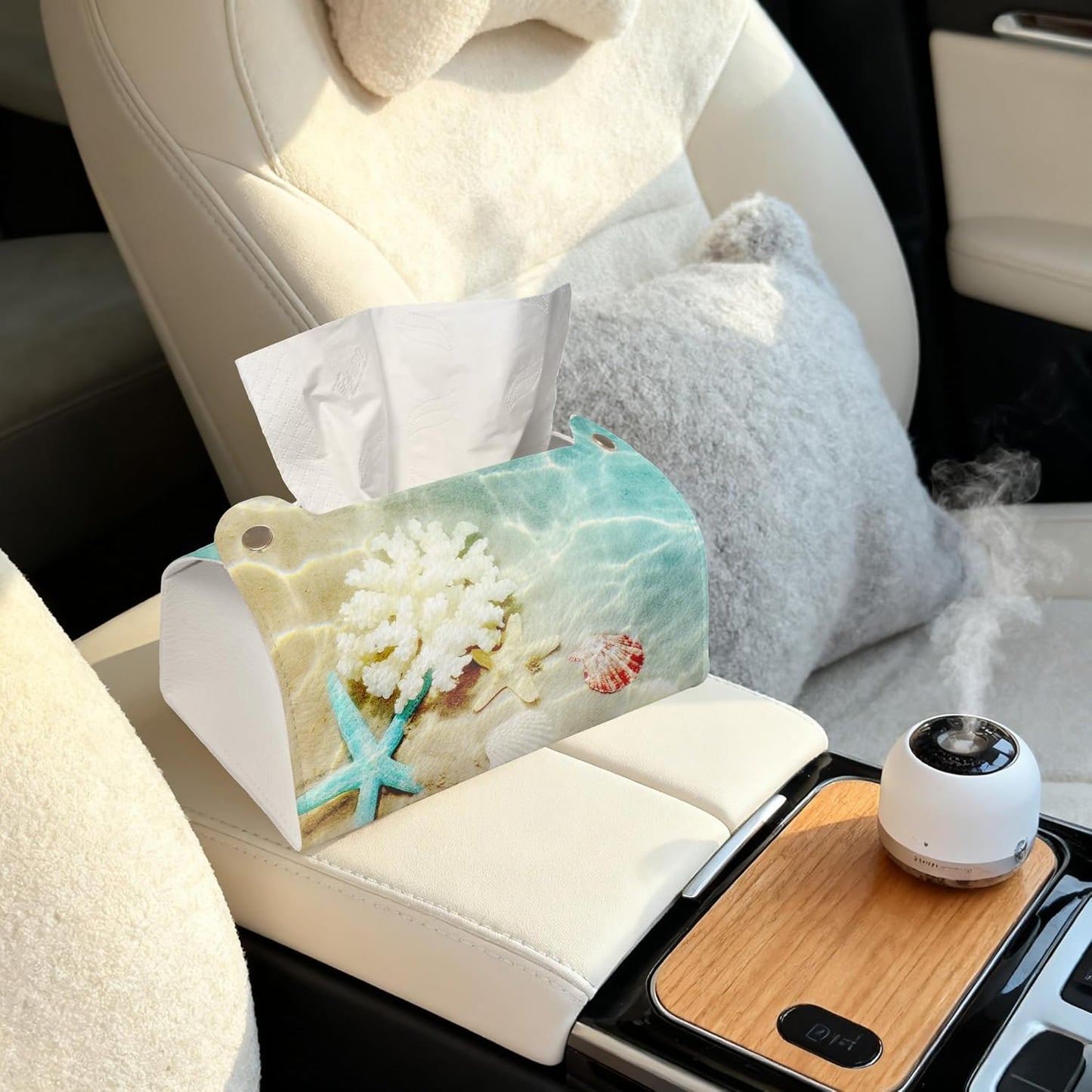 Summer Beach Starfish Seashell Tissue Box Cover Holder – Rectangular Tissue Organizer, Decorative Napkin Box Case for Home, Office & Car