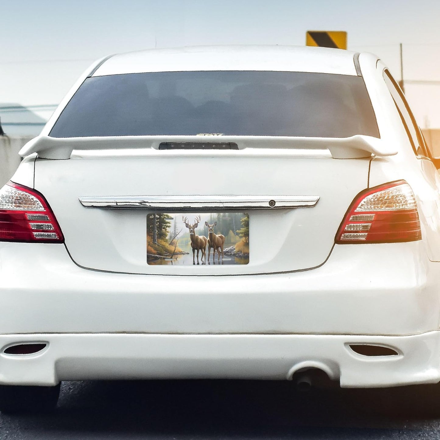 Front License Plate for Car Designs Forest Lake Animal Deer Stainless License Plate Cover Holder for Men Women Metal Aluminum Decorative Accessory Vanity Tag Standard 6 X 12 Inch (4 Holes)