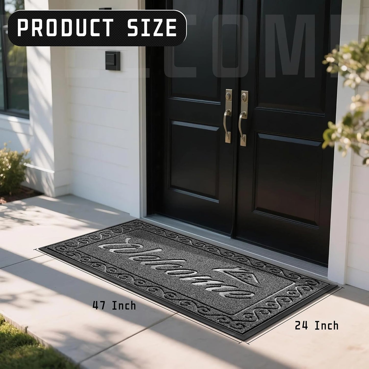 Yimobra Welcome Mat, Heavy Duty Sturdy Door Mats for Home Entrance Outdoor Indoor, Front Doormat for Outside Patio Floor Entry Porch Garage Office, Waterproof, Low Profile, 47 x 24, Black Grey