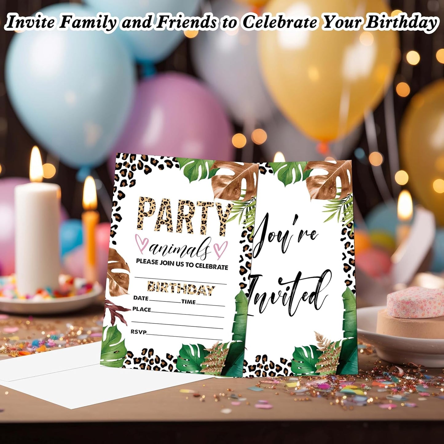 Jungle Animals Birthday Invitations, 20 Invitation Cards with Envelopes, Leopard Print Invites for Party Decorations Favor Supplies - A12