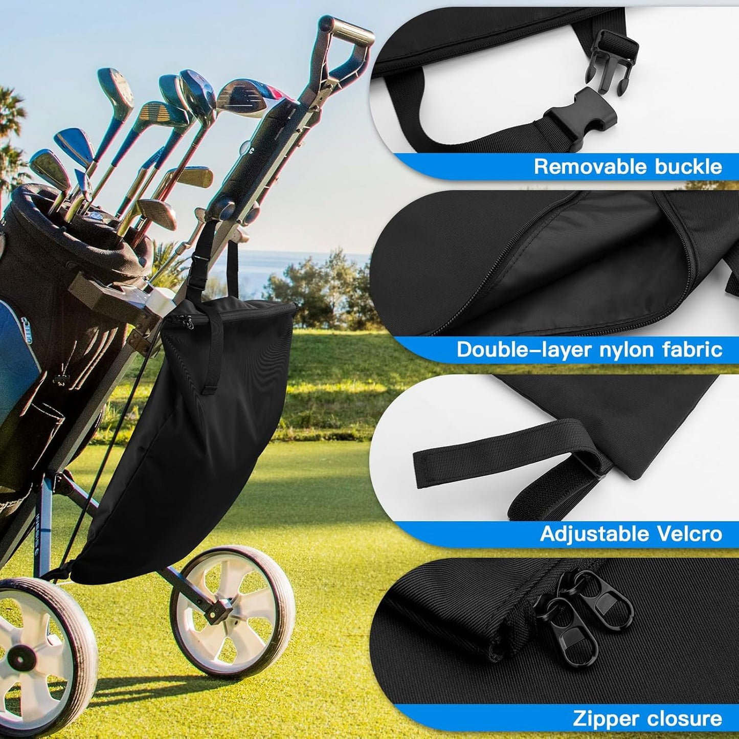 Xxerciz Golf Push Cart Accessories Storage Bag, 3 Wheel Push-Pull Cart Backside Extension Storage Bag with Zipper Closure, Portable Nylon Organizer for Universal Golf Push Carts