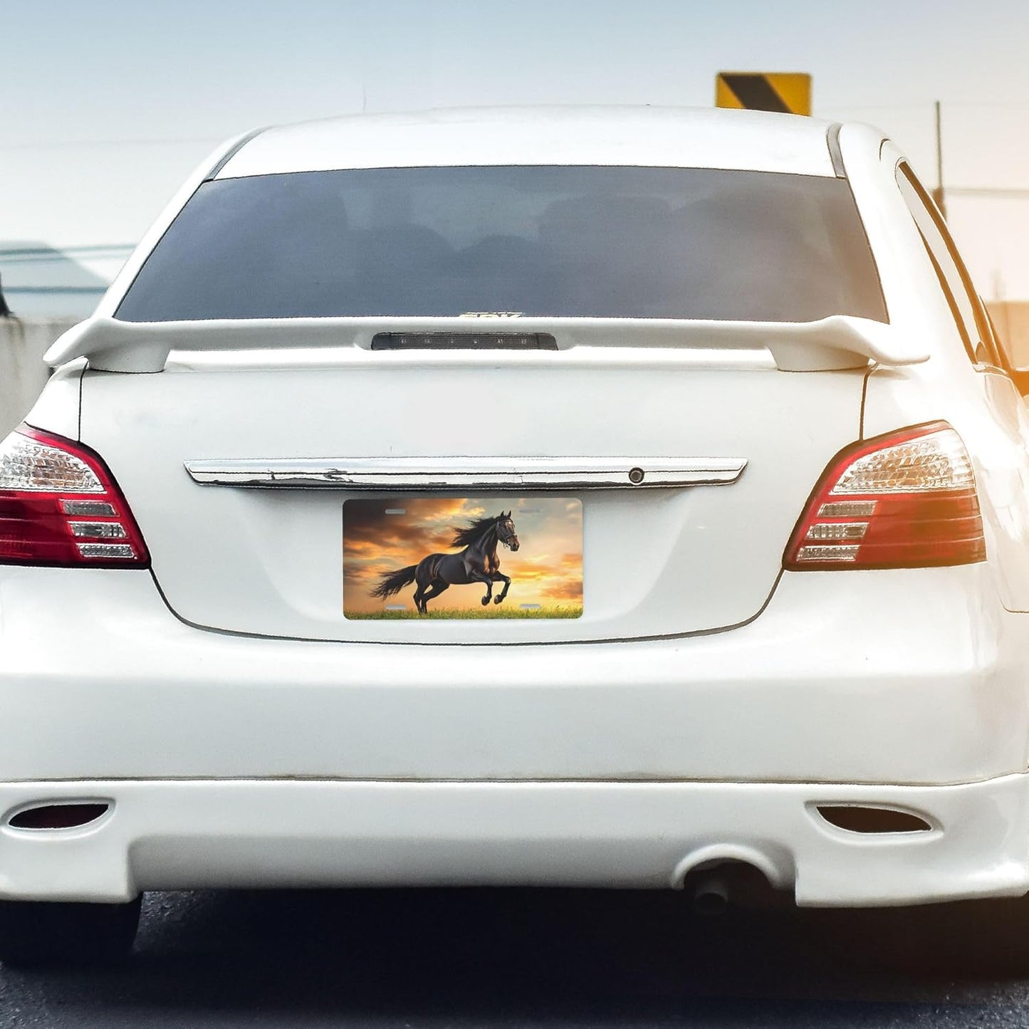 Front License Plate for Car Designs Running Black Animal Horse Stainless License Plate Cover Holder for Men Women Metal Aluminum Decorative Accessory Vanity Tag Standard 6 X 12 inch (4 Holes)