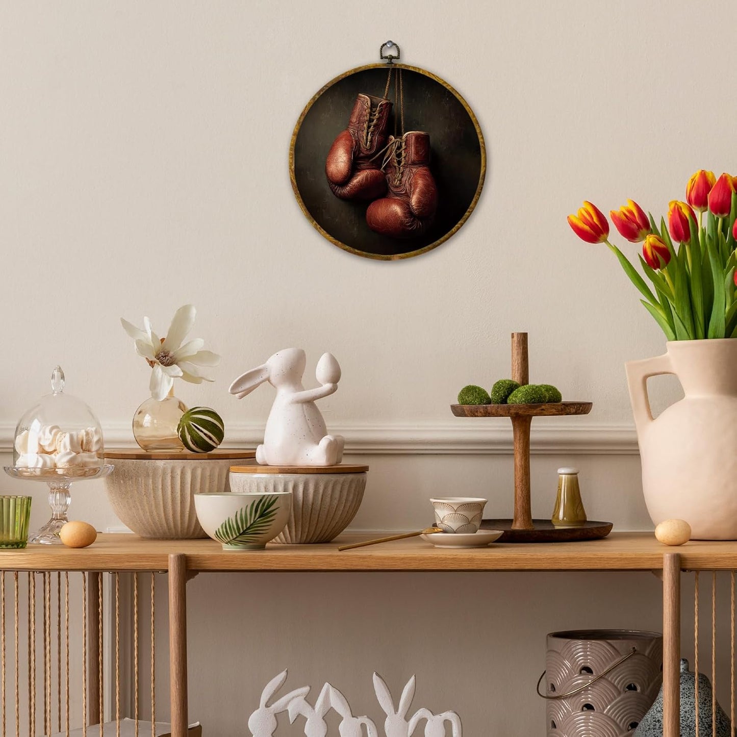 Vintage Red Boxing Gloves Wall Art Decor, Sport Framed Canvas Prints 10x10, Rustic Retro Boxing Round Wall Hanging Artwork Decorations for Home Bedroom Gym Sport Room Man Cave