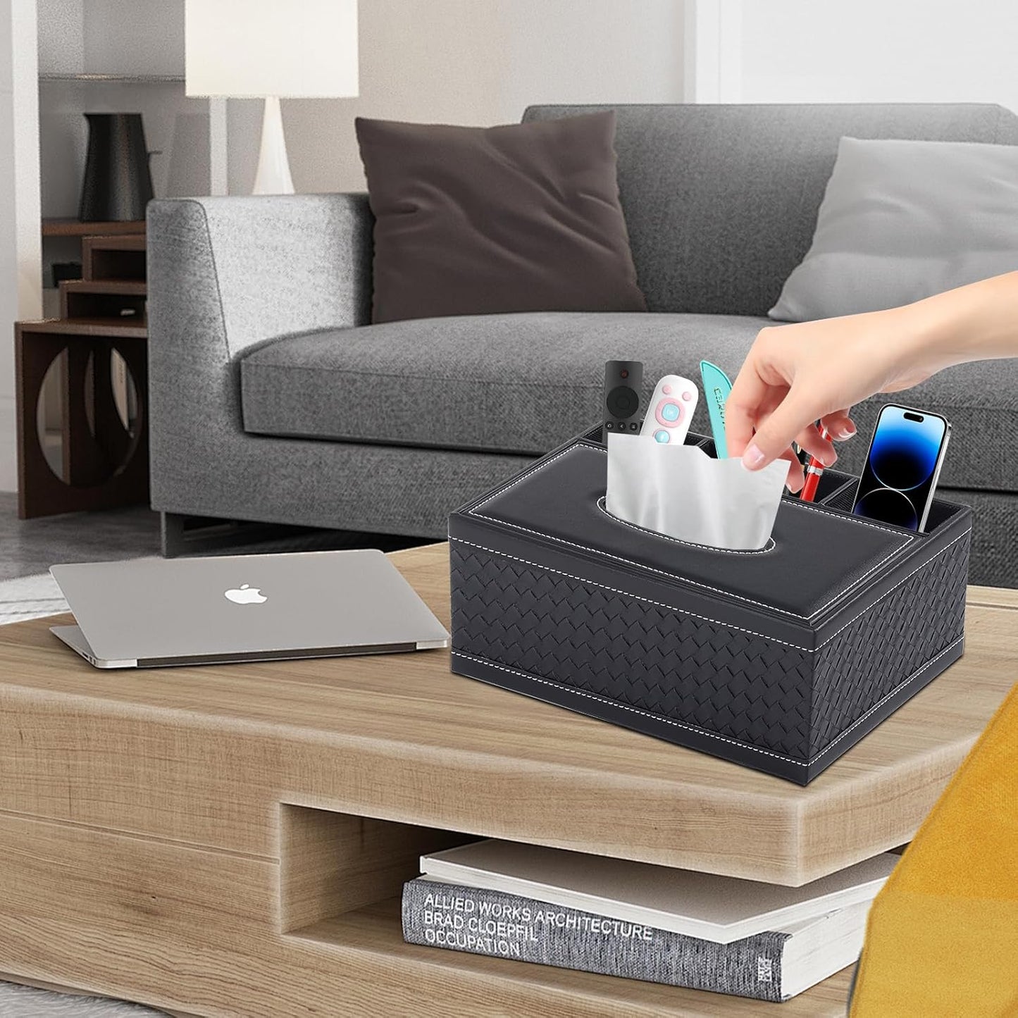 Tissue Box Cover Rectangle Black Tissue Box Holder PU Leather Facial Tissue Organizer,Multifunctional Remote Control Stationery Storage Box,Home Office Supplies Car Napkin Caddy