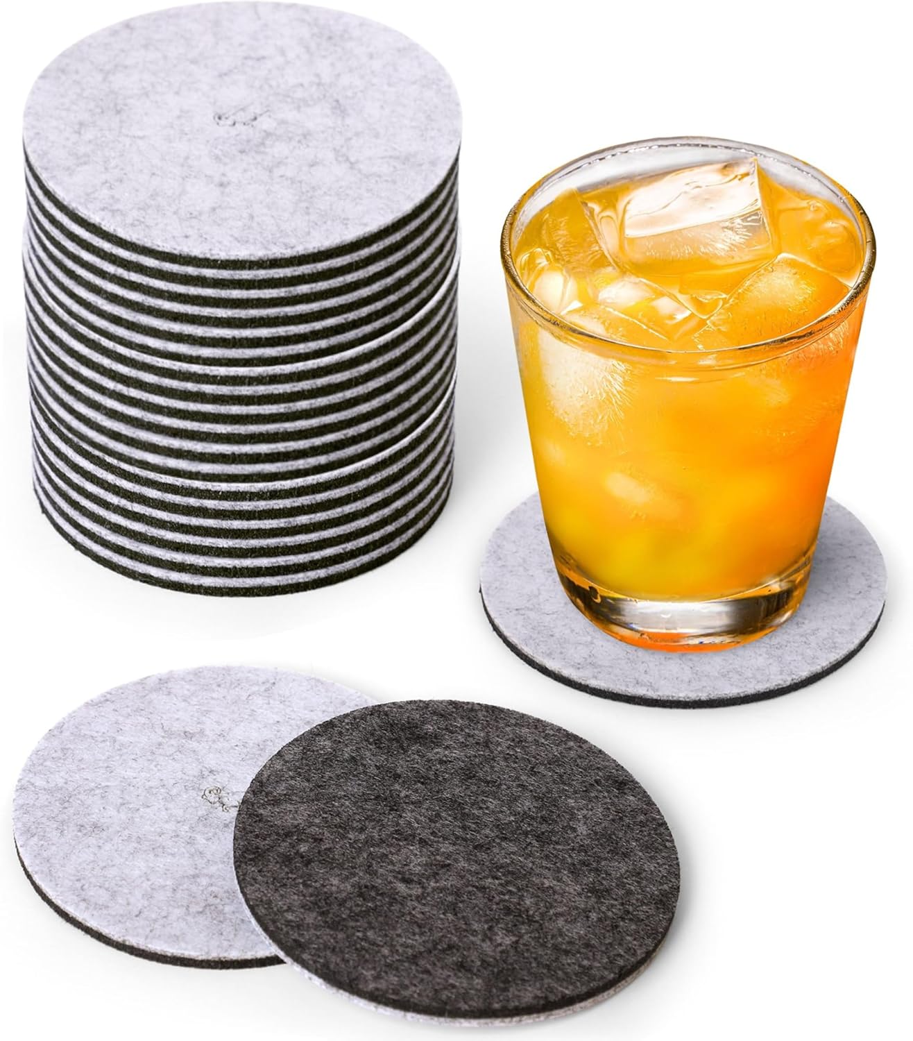 A&A Wonders Premium Felt Coasters for Drink, Two-Tone Reversible, Absorbent Felt Protects Furniture, Table, Anti Slip, Suitable for Drinks & All Table Types (Light Gray/Dark Gray, Circle 18 Pack)