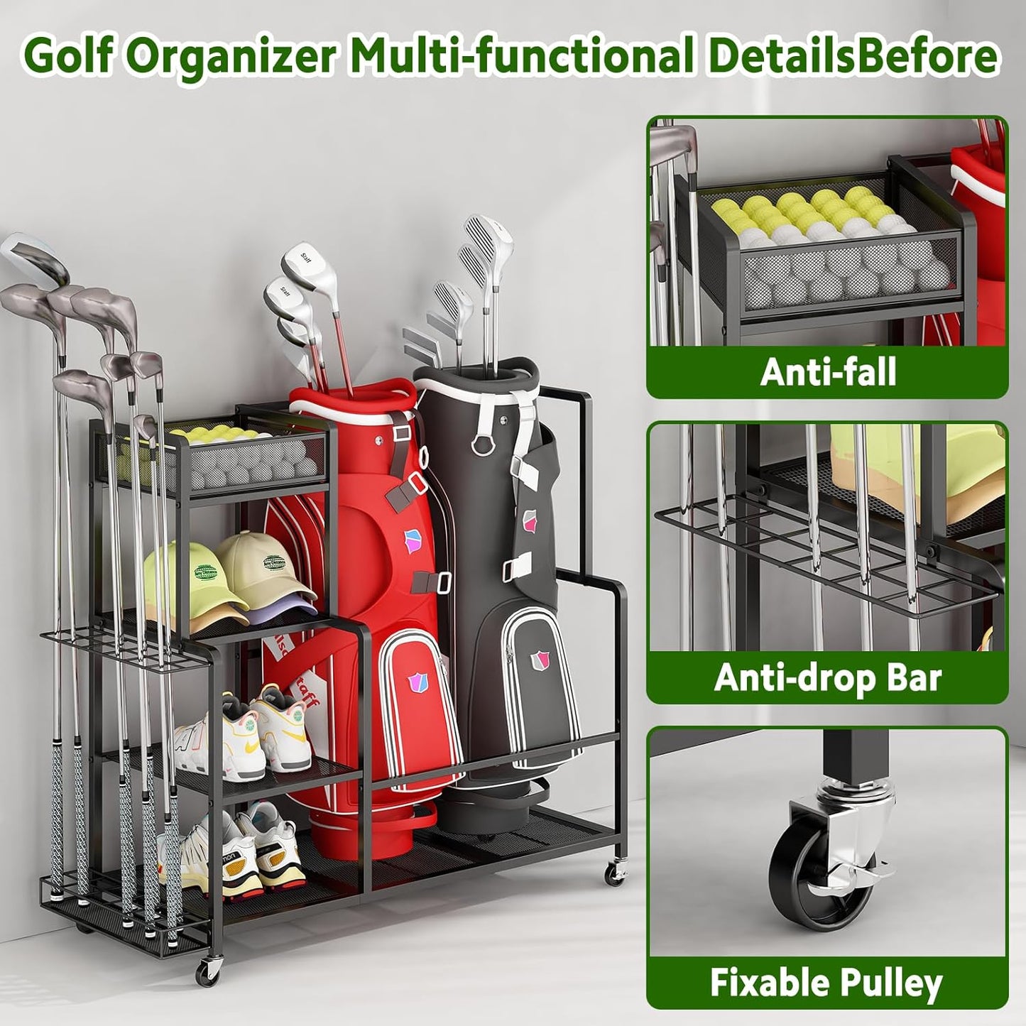 GILLAS Golf Bag Storage Garage Organizer, Golf Bag Stand Fit for 2 Golf Bags, Golf Equipment Accessories, Golf Bag Storage Rack with Wheels for Garage, Club, Shed, Basement